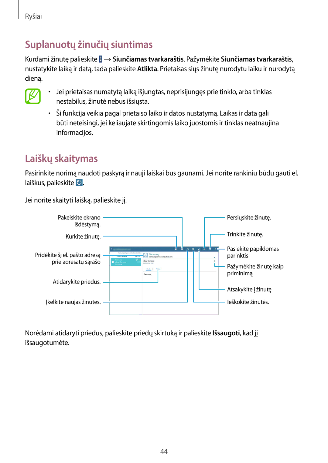 Samsung SM-T530NZWASEB, SM-T530NYKASEB manual Suplanuotų žinučių siuntimas, Laiškų skaitymas 