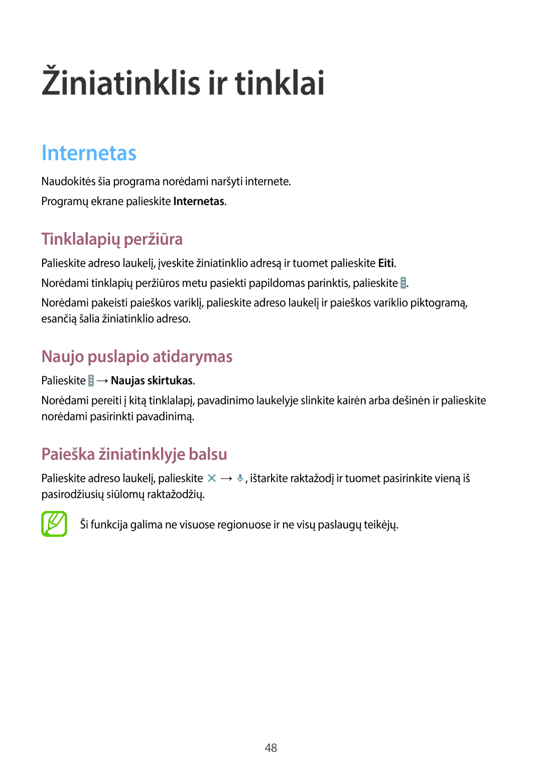 Samsung SM-T530NZWASEB manual Žiniatinklis ir tinklai, Internetas, Tinklalapių peržiūra, Naujo puslapio atidarymas 