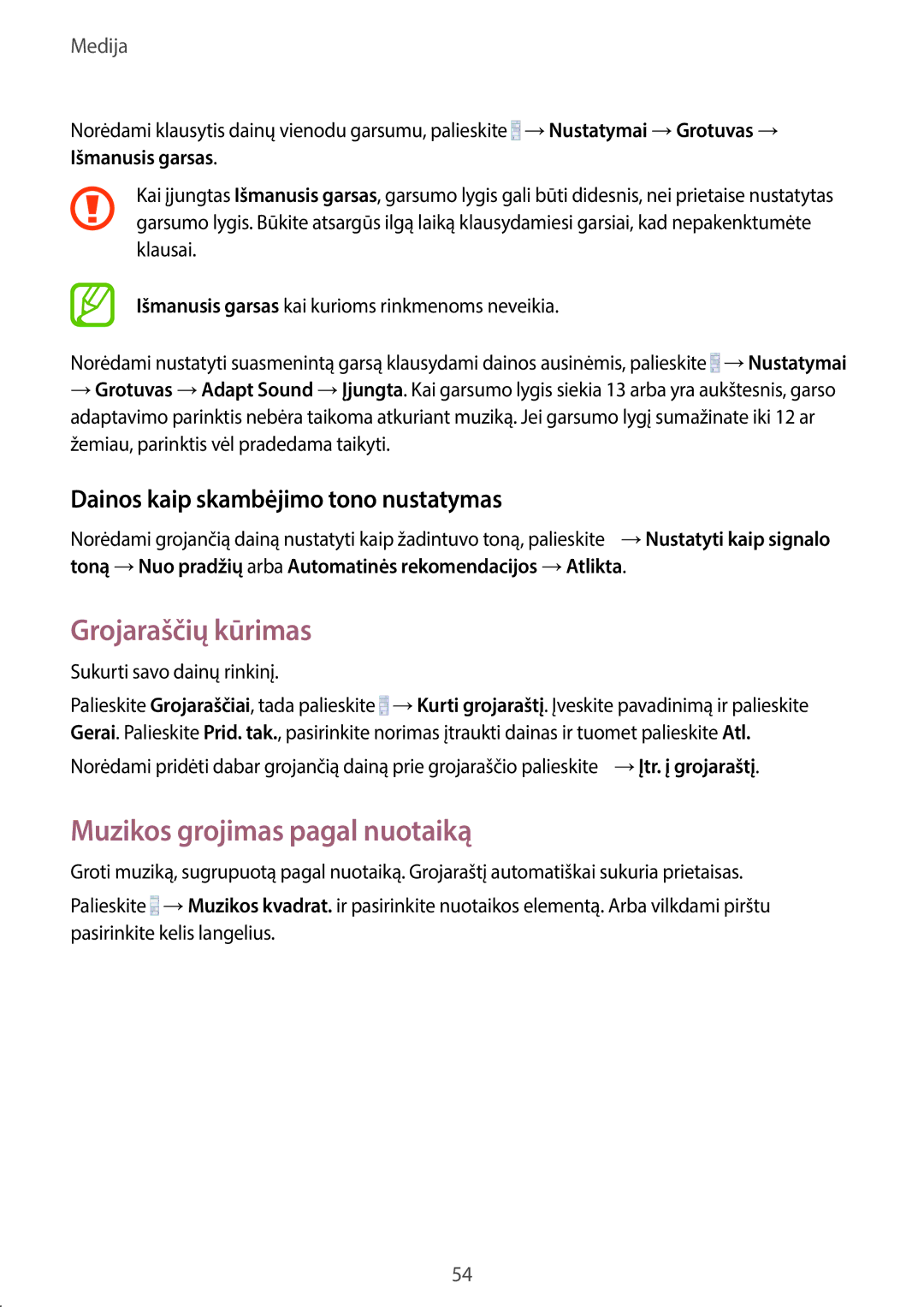 Samsung SM-T530NZWASEB manual Grojaraščių kūrimas, Muzikos grojimas pagal nuotaiką, Dainos kaip skambėjimo tono nustatymas 