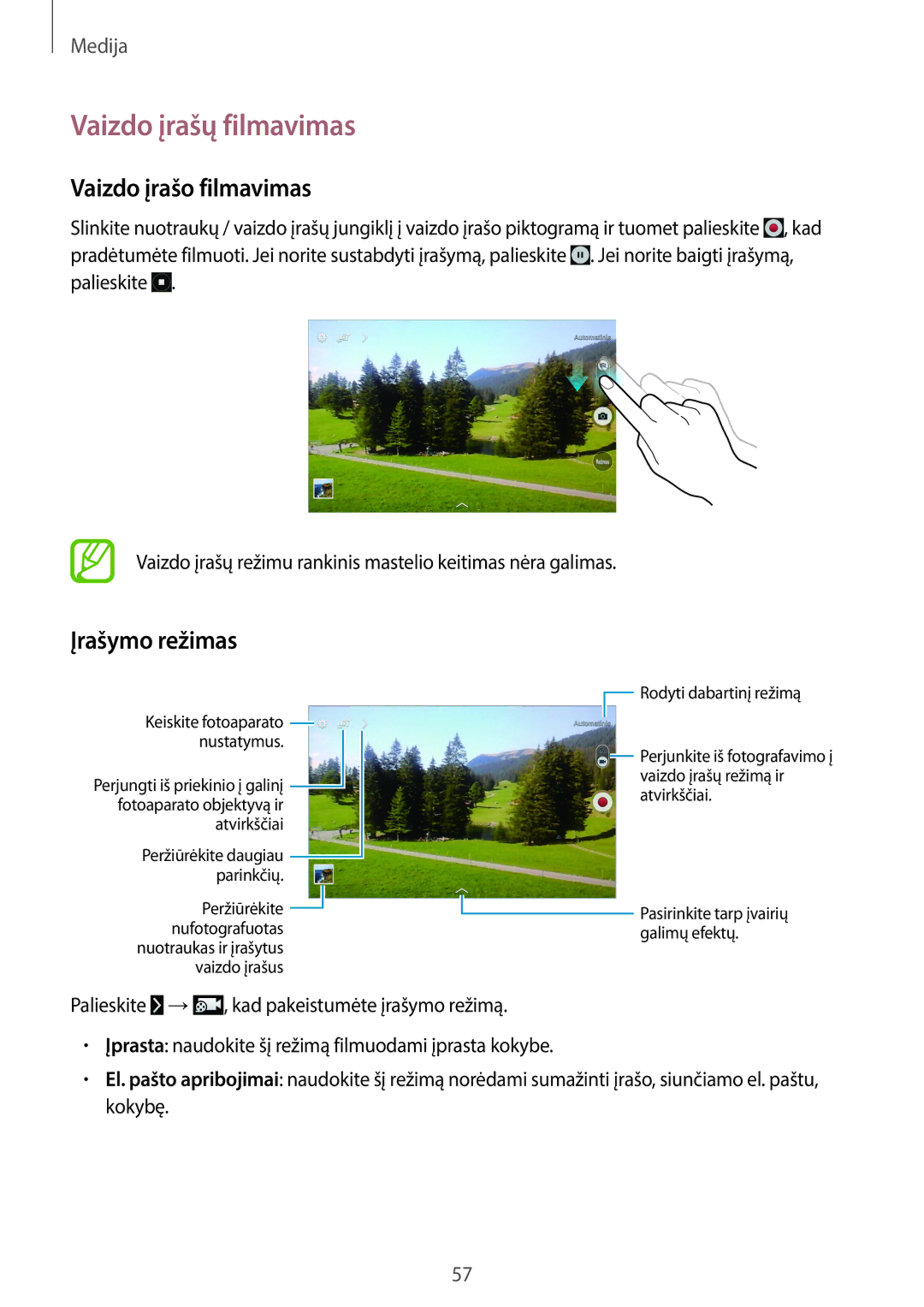 Samsung SM-T530NYKASEB, SM-T530NZWASEB manual Vaizdo įrašų filmavimas, Vaizdo įrašo filmavimas, Įrašymo režimas 