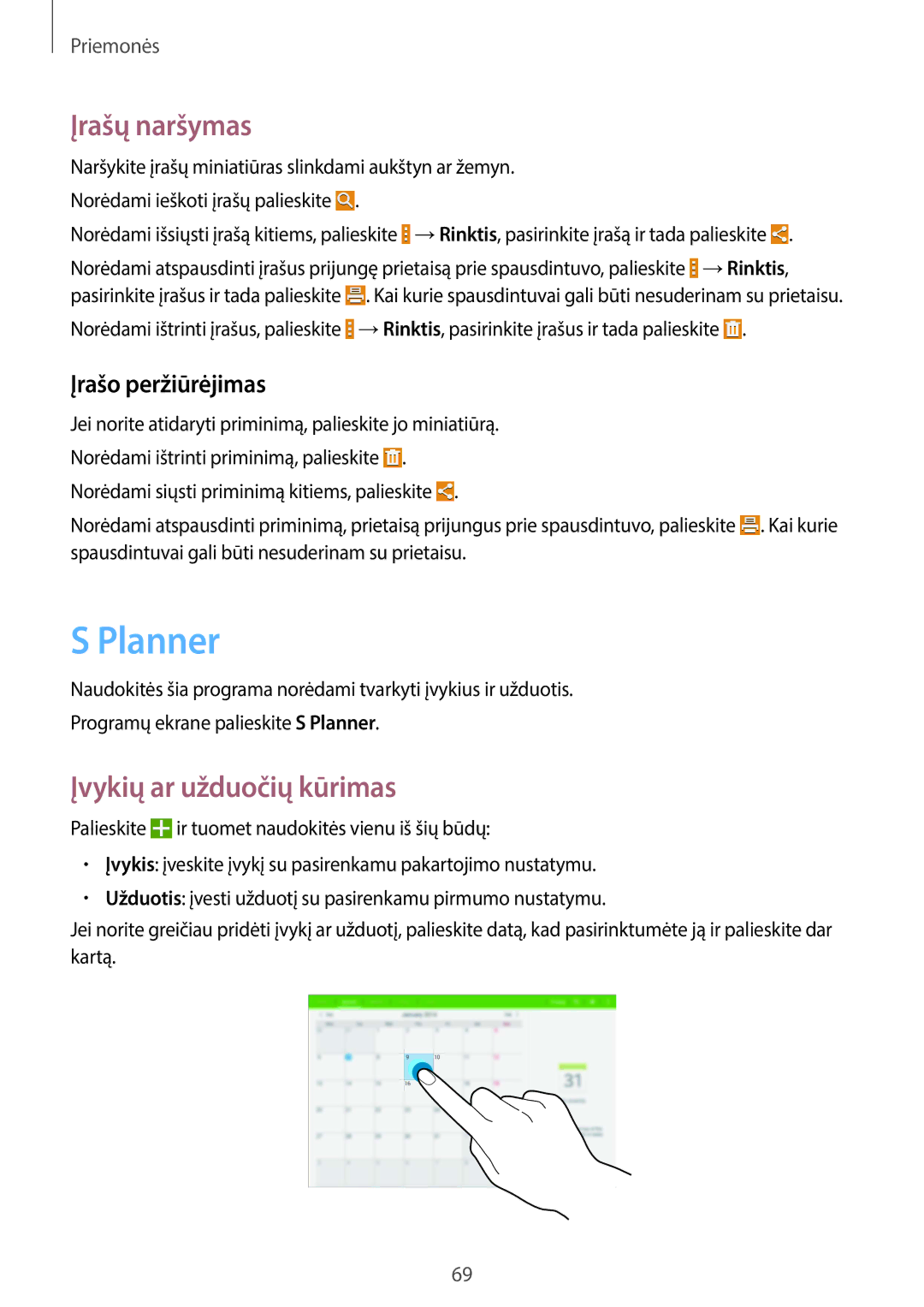 Samsung SM-T530NYKASEB, SM-T530NZWASEB manual Planner, Įrašų naršymas, Įvykių ar užduočių kūrimas, Įrašo peržiūrėjimas 