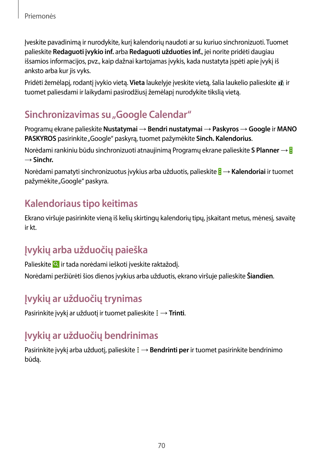 Samsung SM-T530NZWASEB manual Sinchronizavimas su„Google Calendar, Kalendoriaus tipo keitimas, Įvykių arba užduočių paieška 