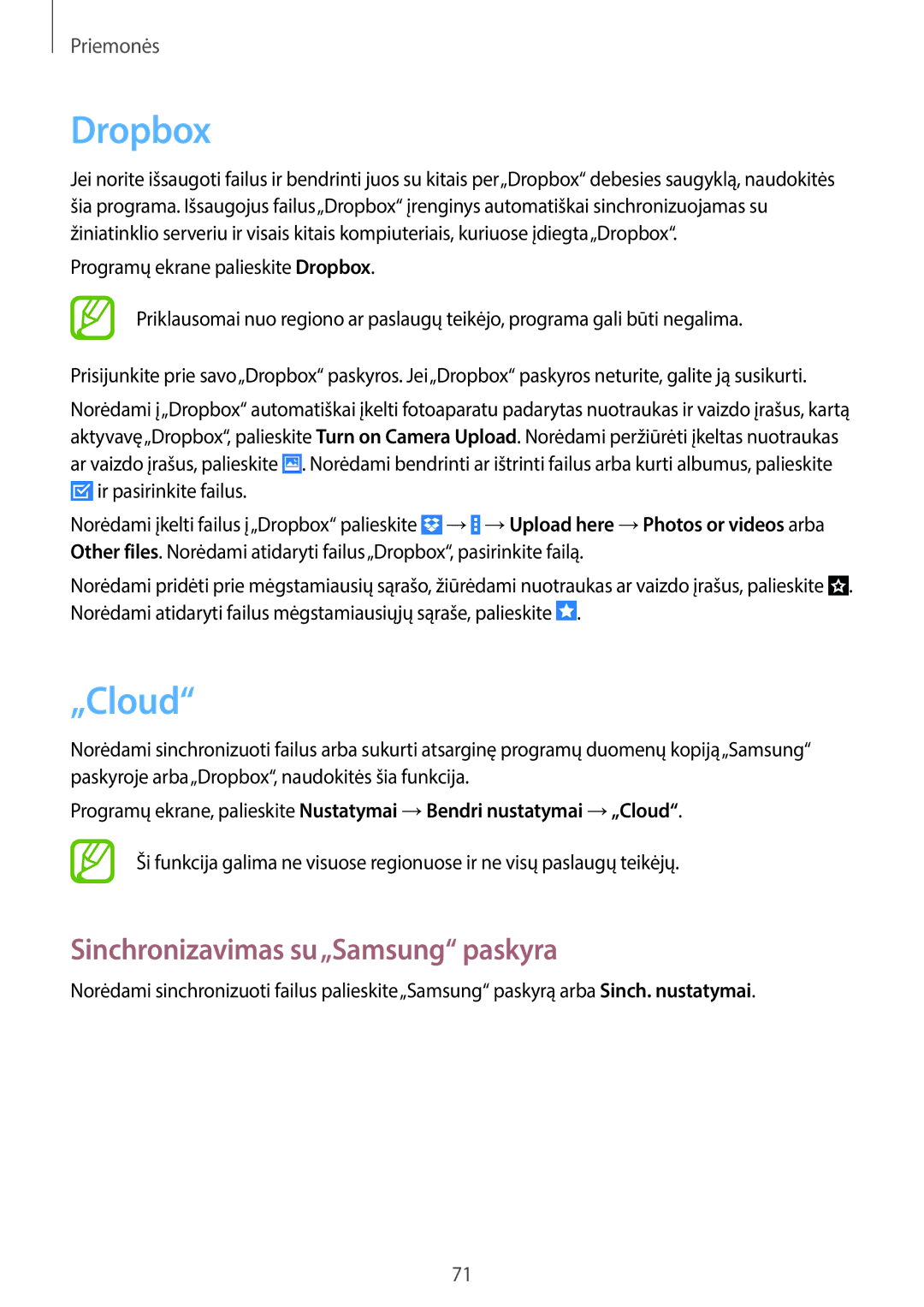 Samsung SM-T530NYKASEB, SM-T530NZWASEB manual Dropbox, „Cloud, Sinchronizavimas su„Samsung paskyra 