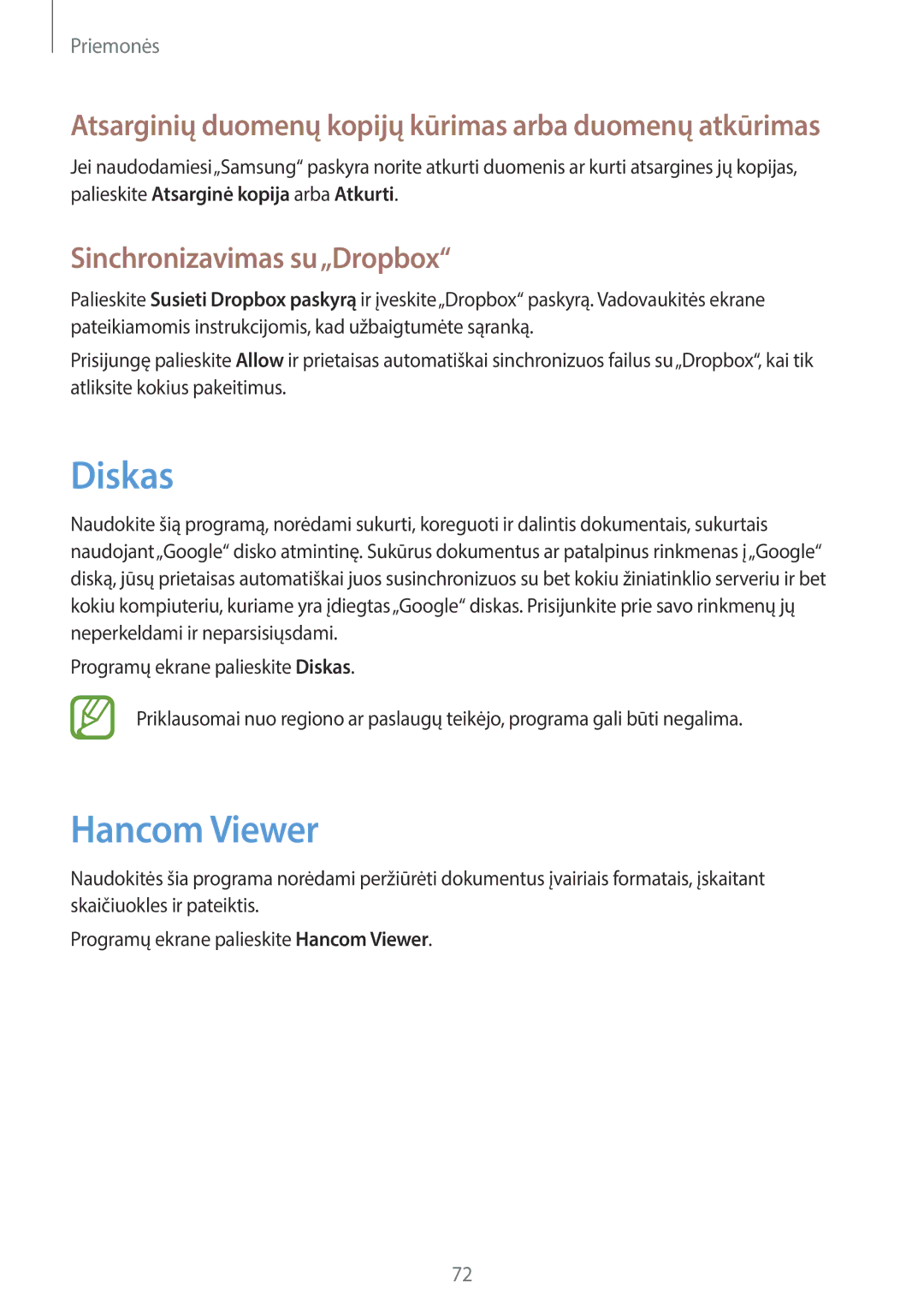 Samsung SM-T530NZWASEB, SM-T530NYKASEB manual Diskas, Hancom Viewer, Sinchronizavimas su„Dropbox 