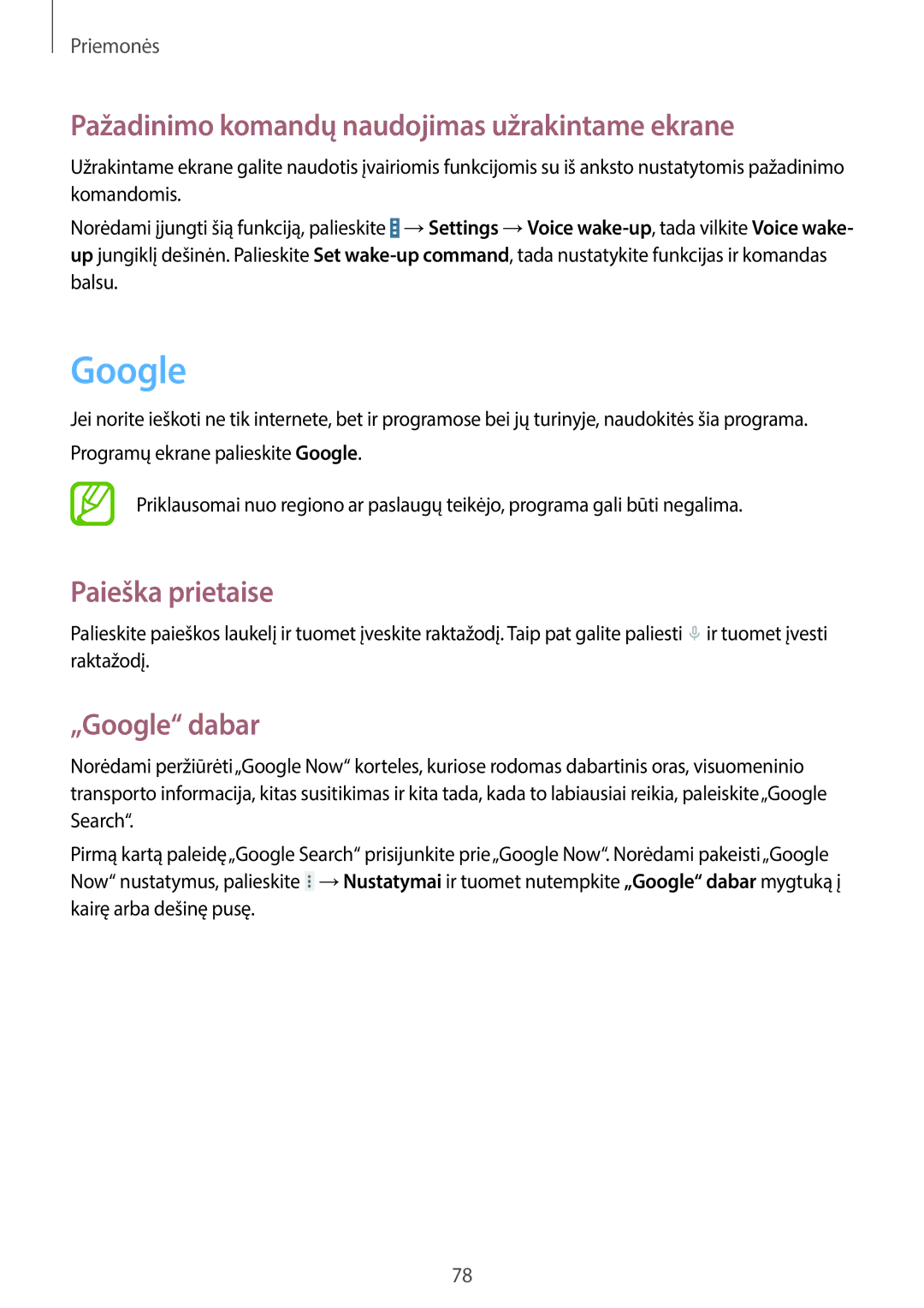 Samsung SM-T530NZWASEB manual Pažadinimo komandų naudojimas užrakintame ekrane, Paieška prietaise, „Google dabar 