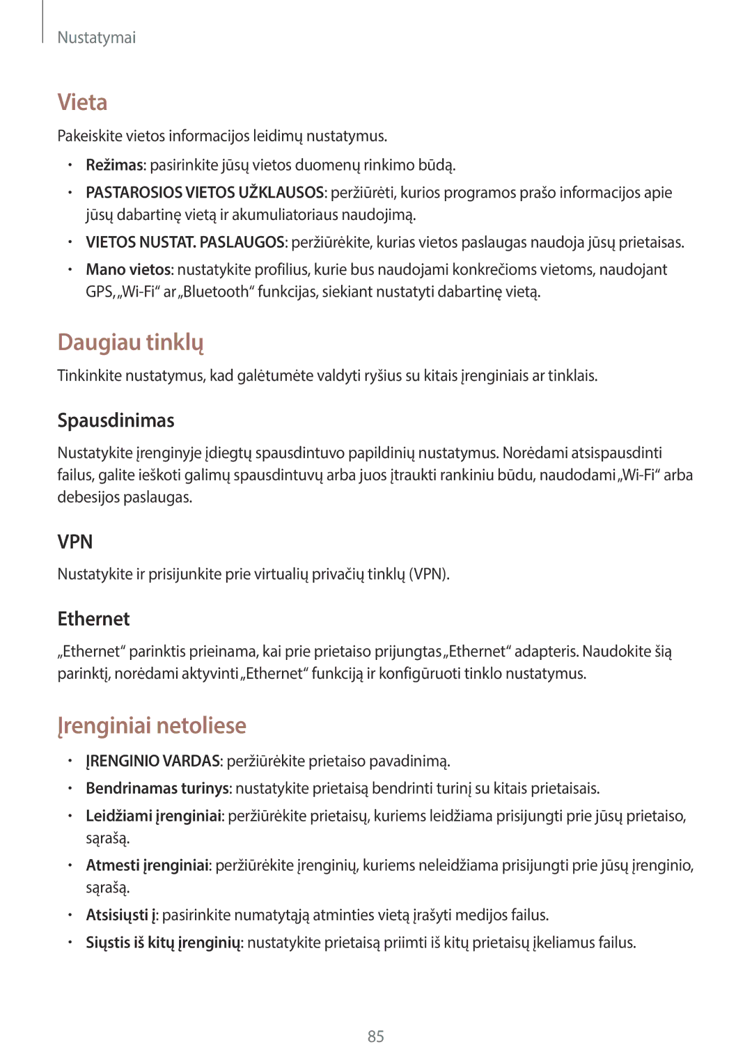 Samsung SM-T530NYKASEB, SM-T530NZWASEB manual Vieta, Daugiau tinklų, Įrenginiai netoliese, Spausdinimas, Ethernet 