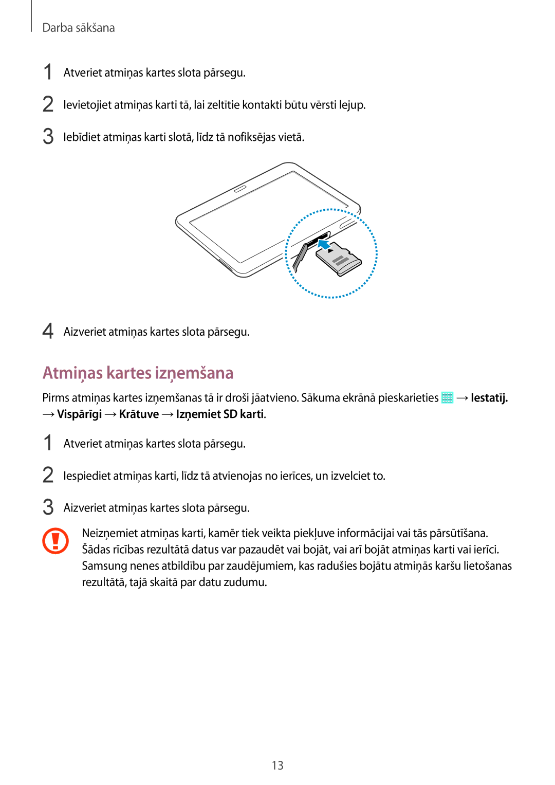 Samsung SM-T530NYKASEB, SM-T530NZWASEB manual Atmiņas kartes izņemšana, → Vispārīgi →Krātuve →Izņemiet SD karti 