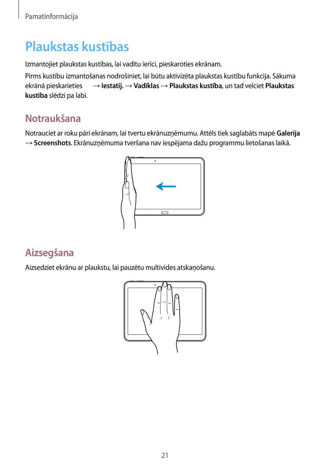 Samsung SM-T530NYKASEB, SM-T530NZWASEB manual Plaukstas kustības, Notraukšana, Aizsegšana 