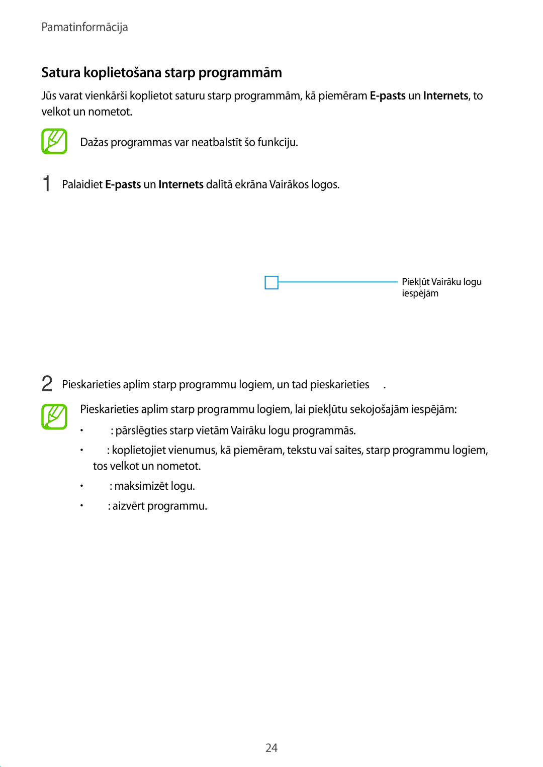 Samsung SM-T530NZWASEB, SM-T530NYKASEB manual Satura koplietošana starp programmām 