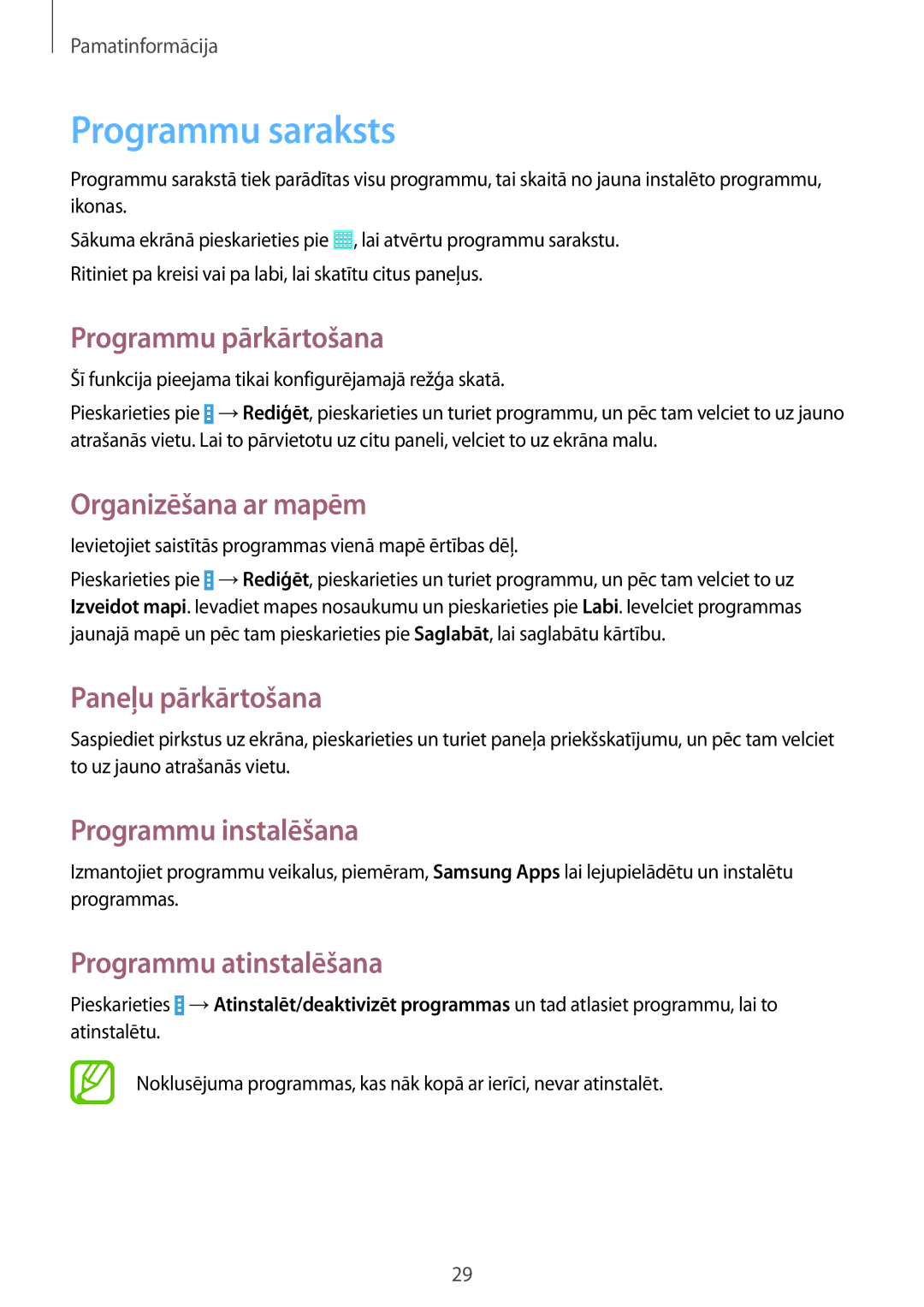 Samsung SM-T530NYKASEB manual Programmu saraksts, Programmu pārkārtošana, Organizēšana ar mapēm, Programmu instalēšana 