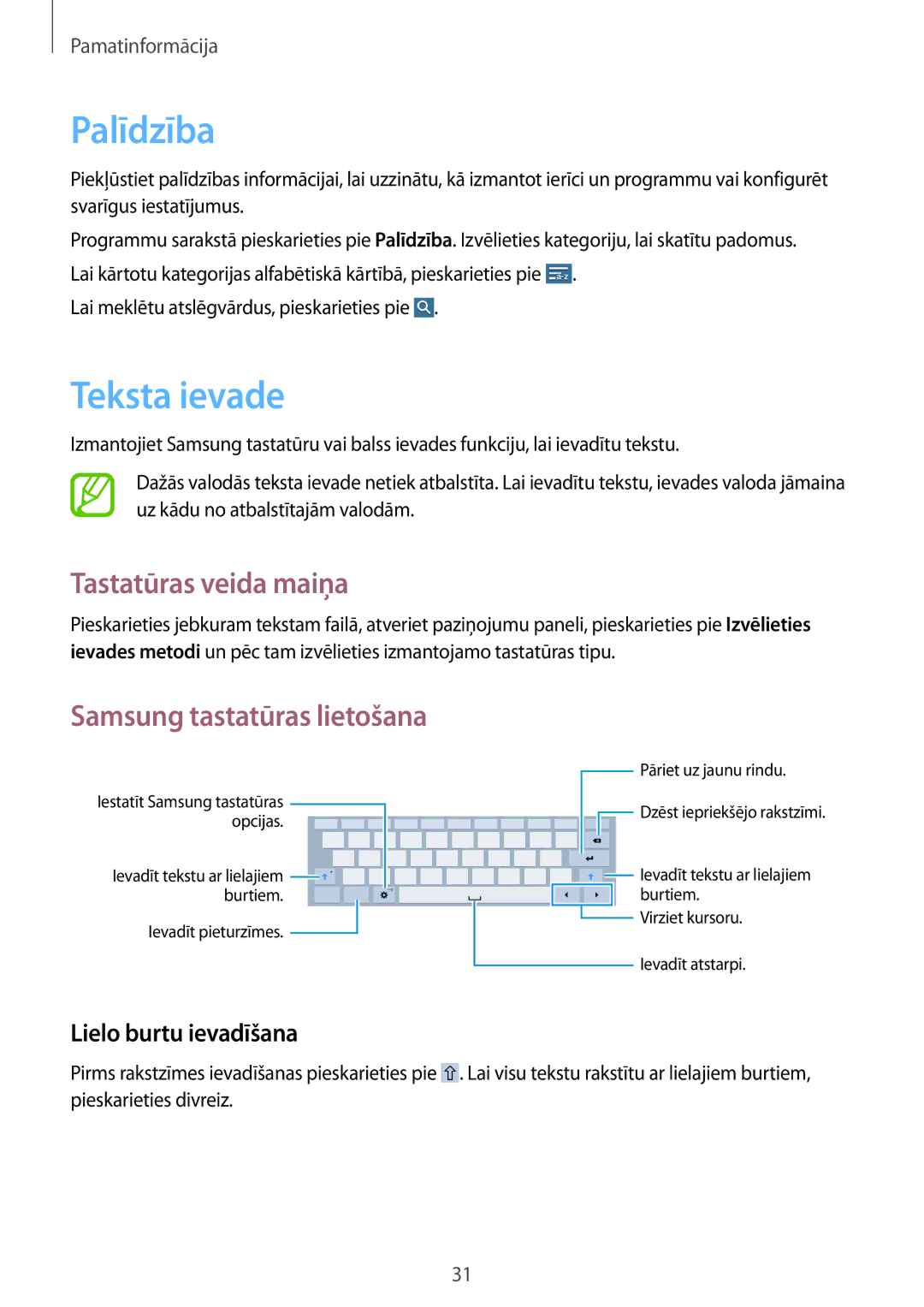 Samsung SM-T530NYKASEB, SM-T530NZWASEB manual Palīdzība, Teksta ievade, Tastatūras veida maiņa, Lielo burtu ievadīšana 