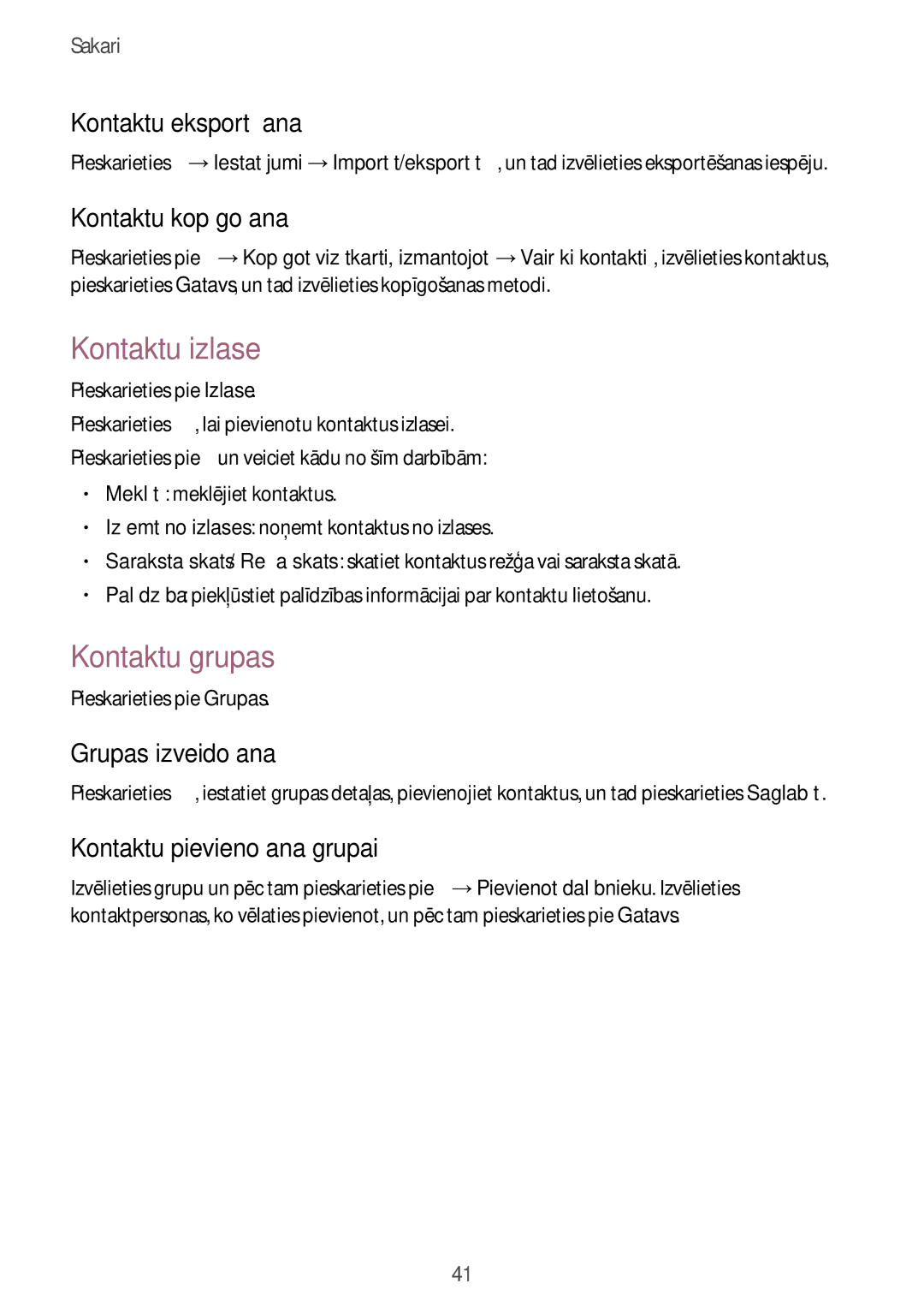 Samsung SM-T530NYKASEB, SM-T530NZWASEB manual Kontaktu izlase, Kontaktu grupas 