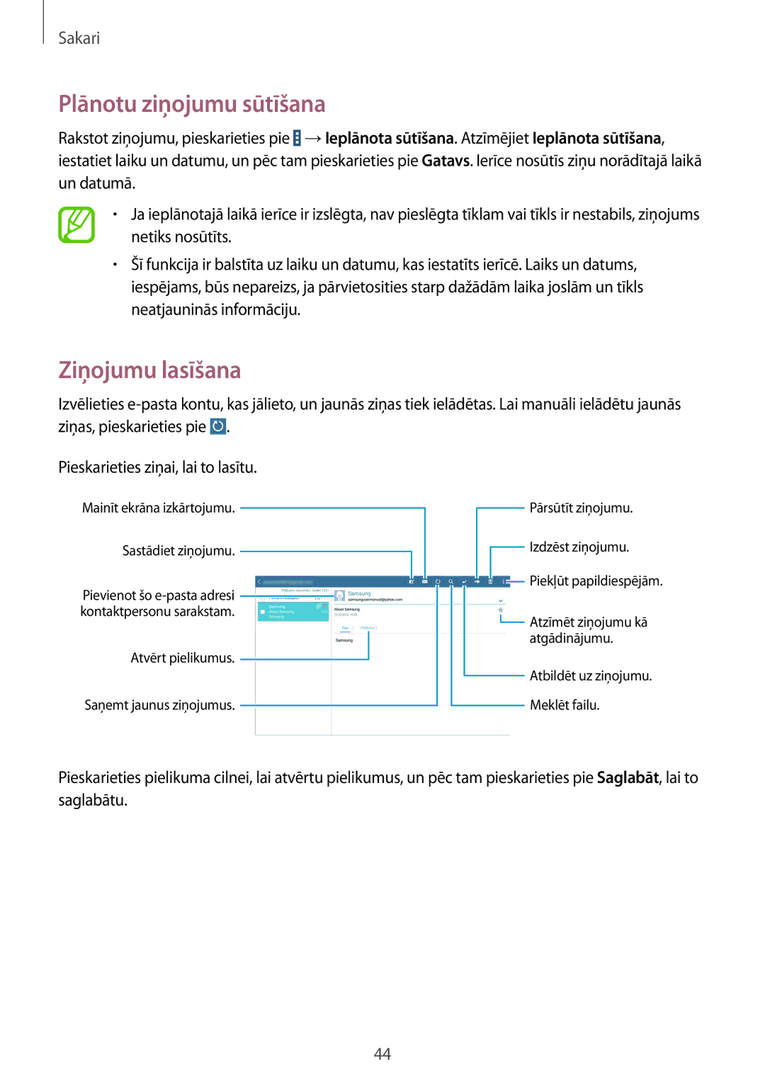 Samsung SM-T530NZWASEB, SM-T530NYKASEB manual Plānotu ziņojumu sūtīšana, Ziņojumu lasīšana 