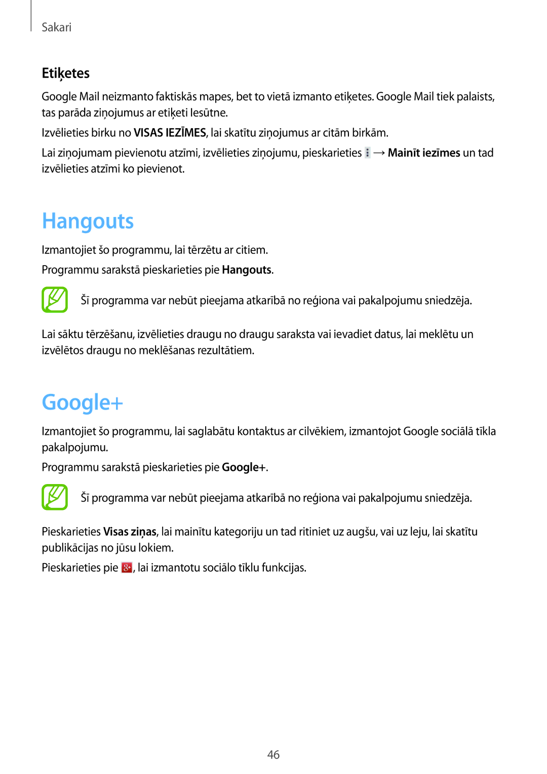 Samsung SM-T530NZWASEB, SM-T530NYKASEB manual Hangouts, Google+, Etiķetes 