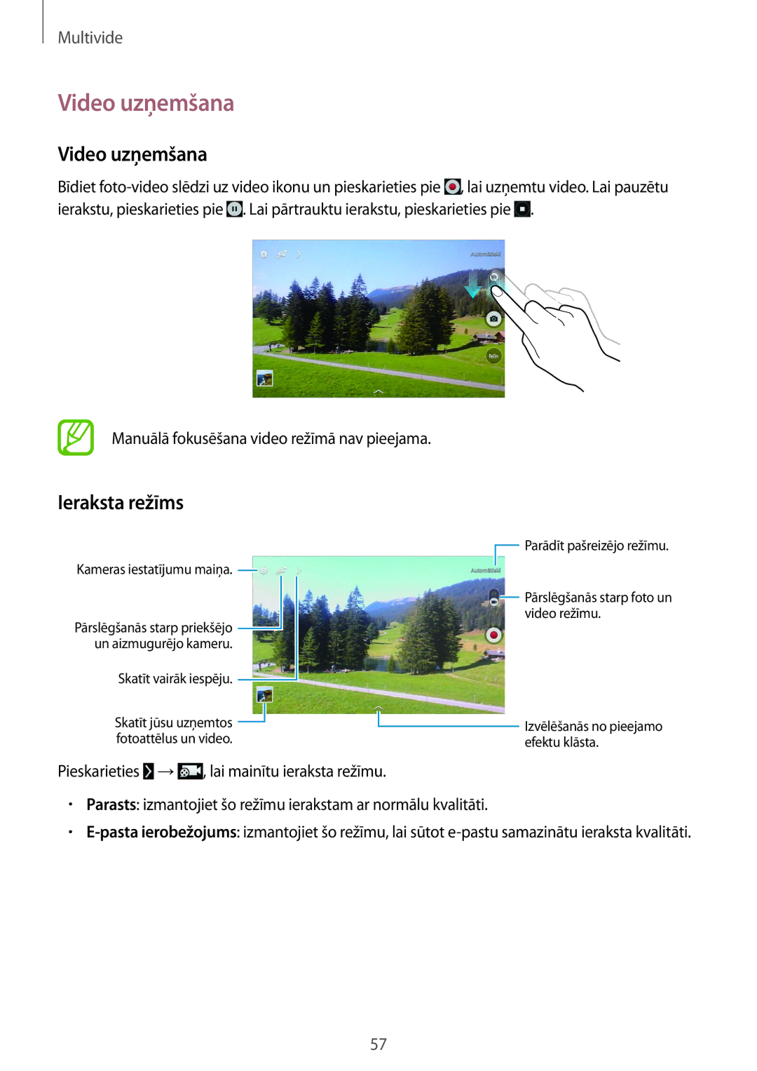 Samsung SM-T530NYKASEB, SM-T530NZWASEB manual Video uzņemšana, Ieraksta režīms 