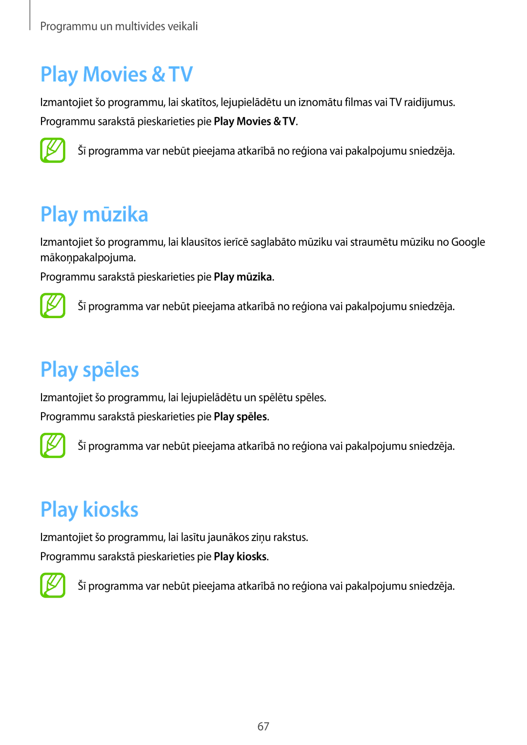 Samsung SM-T530NYKASEB, SM-T530NZWASEB manual Play Movies & TV, Play mūzika, Play spēles, Play kiosks 