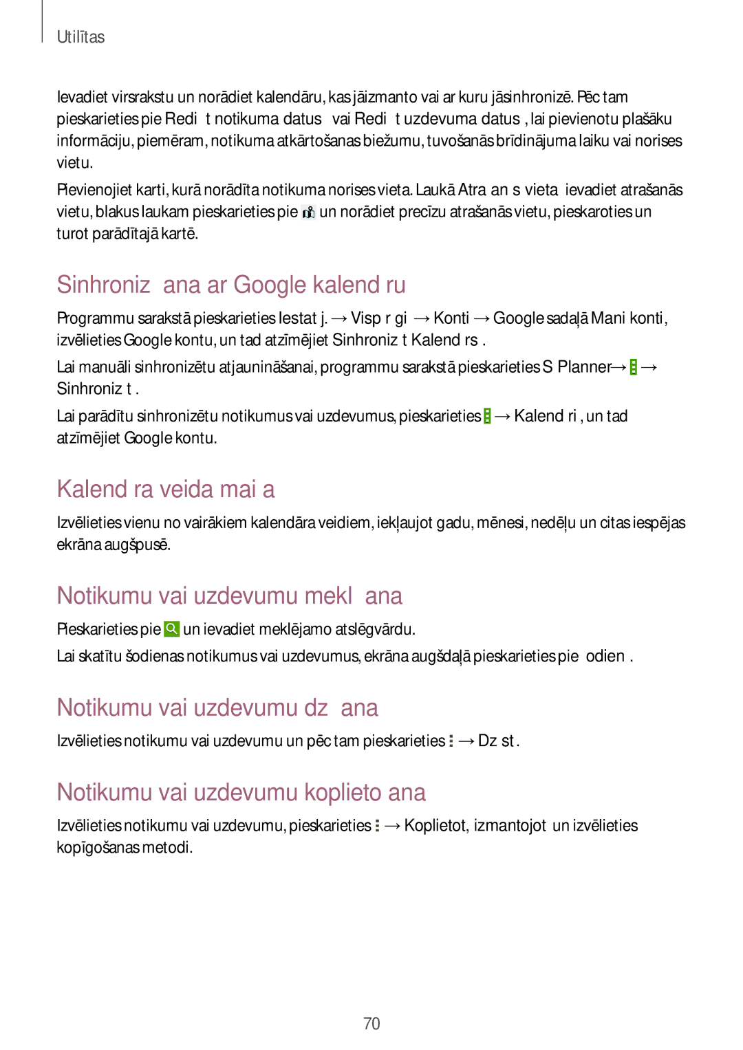 Samsung SM-T530NZWASEB manual Sinhronizēšana ar Google kalendāru, Kalendāra veida maiņa, Notikumu vai uzdevumu meklēšana 