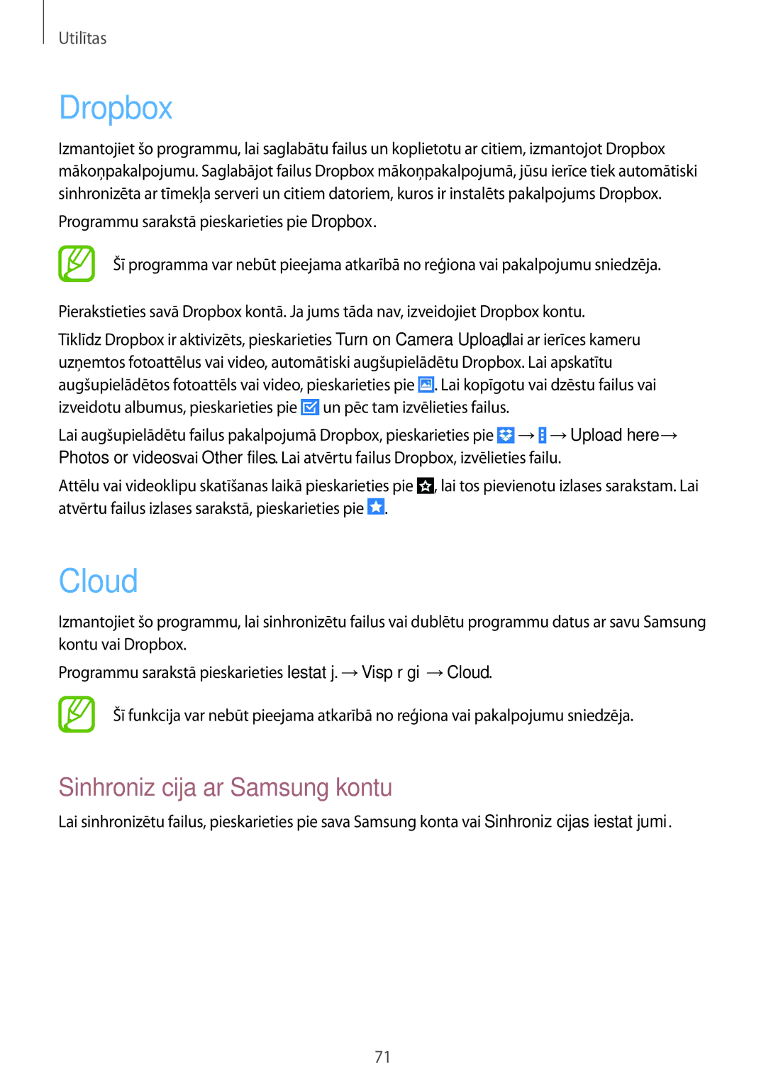 Samsung SM-T530NYKASEB, SM-T530NZWASEB manual Dropbox, Cloud, Sinhronizācija ar Samsung kontu 