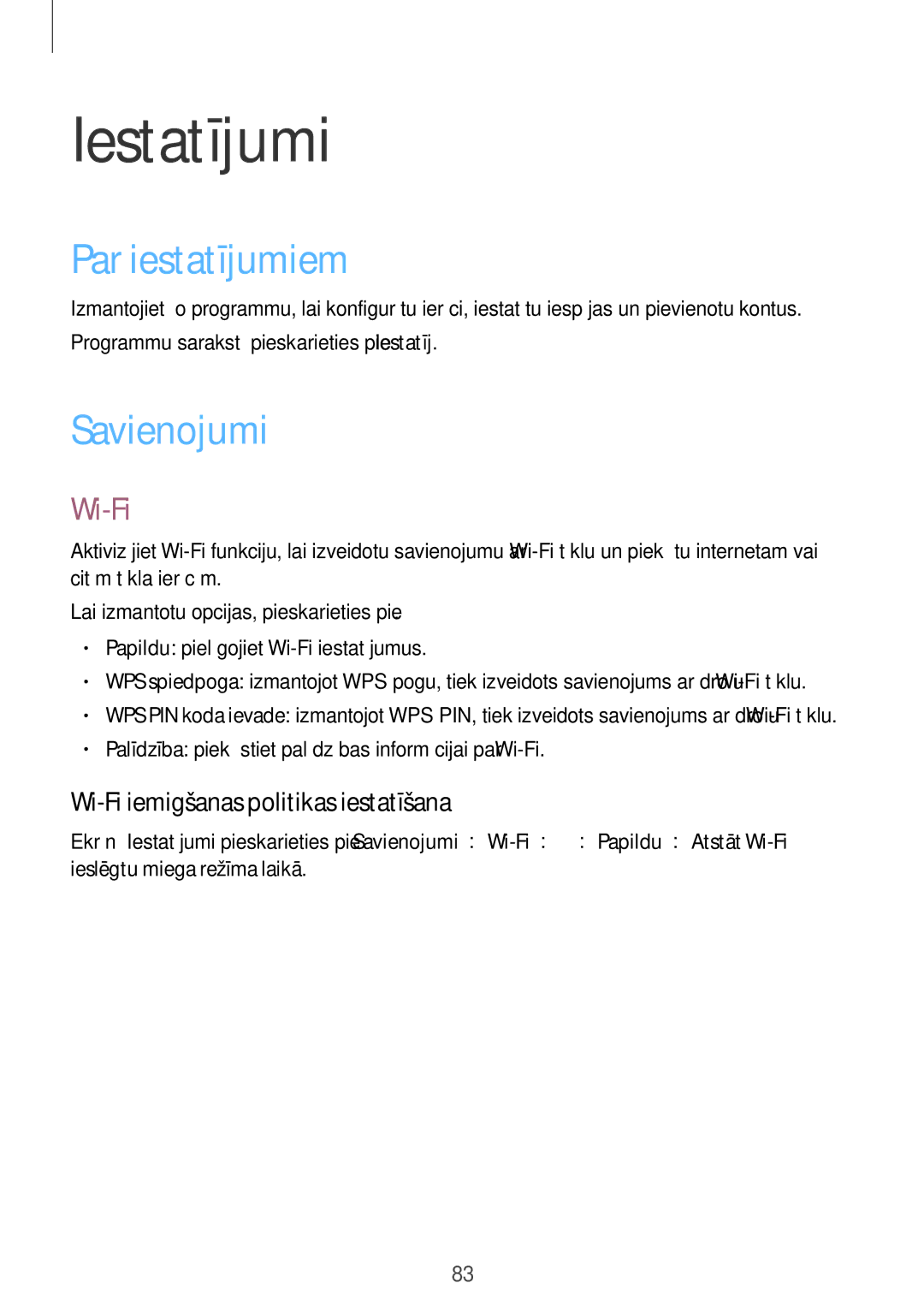 Samsung SM-T530NYKASEB manual Iestatījumi, Par iestatījumiem, Savienojumi, Wi-Fi iemigšanas politikas iestatīšana 