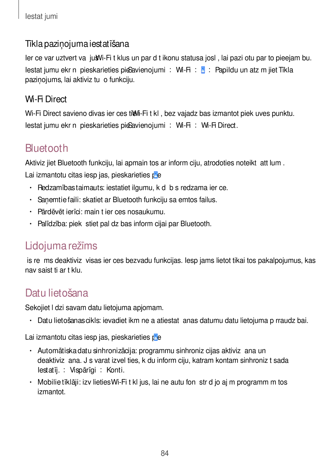 Samsung SM-T530NZWASEB manual Bluetooth, Lidojuma režīms, Datu lietošana, Tīkla paziņojuma iestatīšana, Wi-Fi Direct 