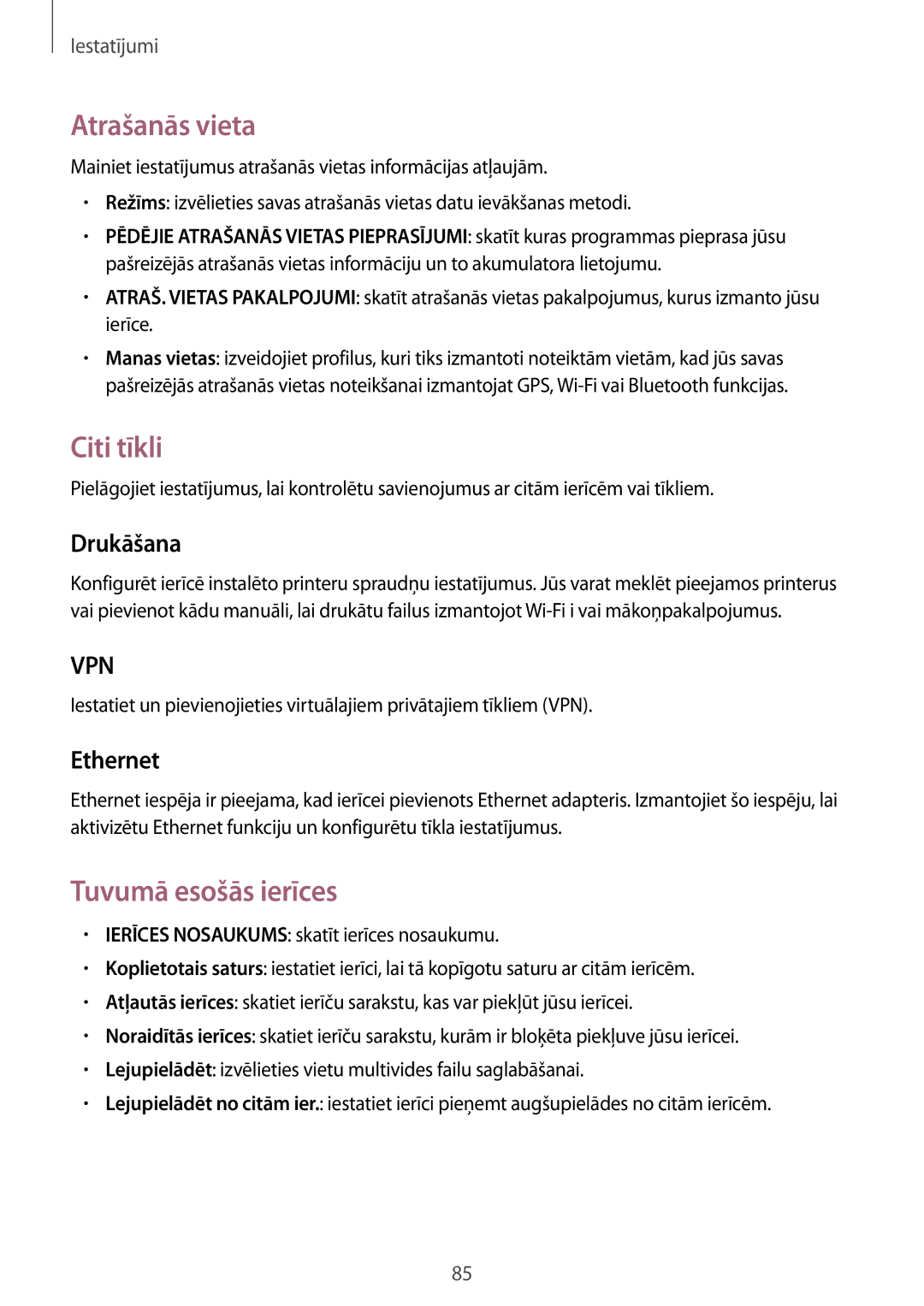 Samsung SM-T530NYKASEB, SM-T530NZWASEB manual Atrašanās vieta, Citi tīkli, Tuvumā esošās ierīces, Drukāšana, Ethernet 