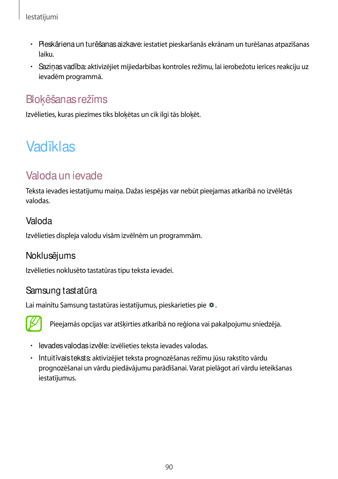 Samsung SM-T530NZWASEB, SM-T530NYKASEB manual Vadīklas, Bloķēšanas režīms, Valoda un ievade 