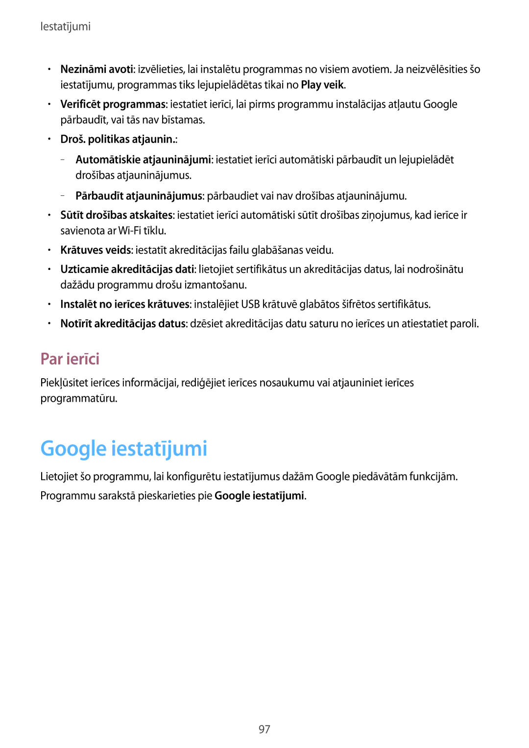 Samsung SM-T530NYKASEB, SM-T530NZWASEB manual Google iestatījumi, Par ierīci, Droš. politikas atjaunin 