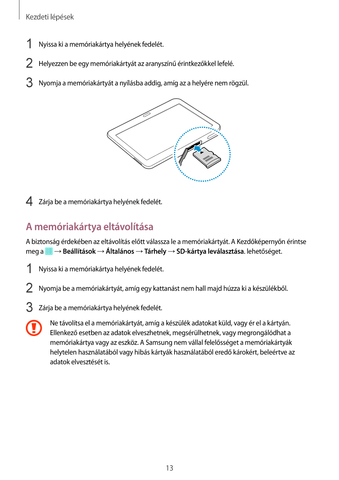 Samsung SM-T530NZWAXEH manual Memóriakártya eltávolítása 