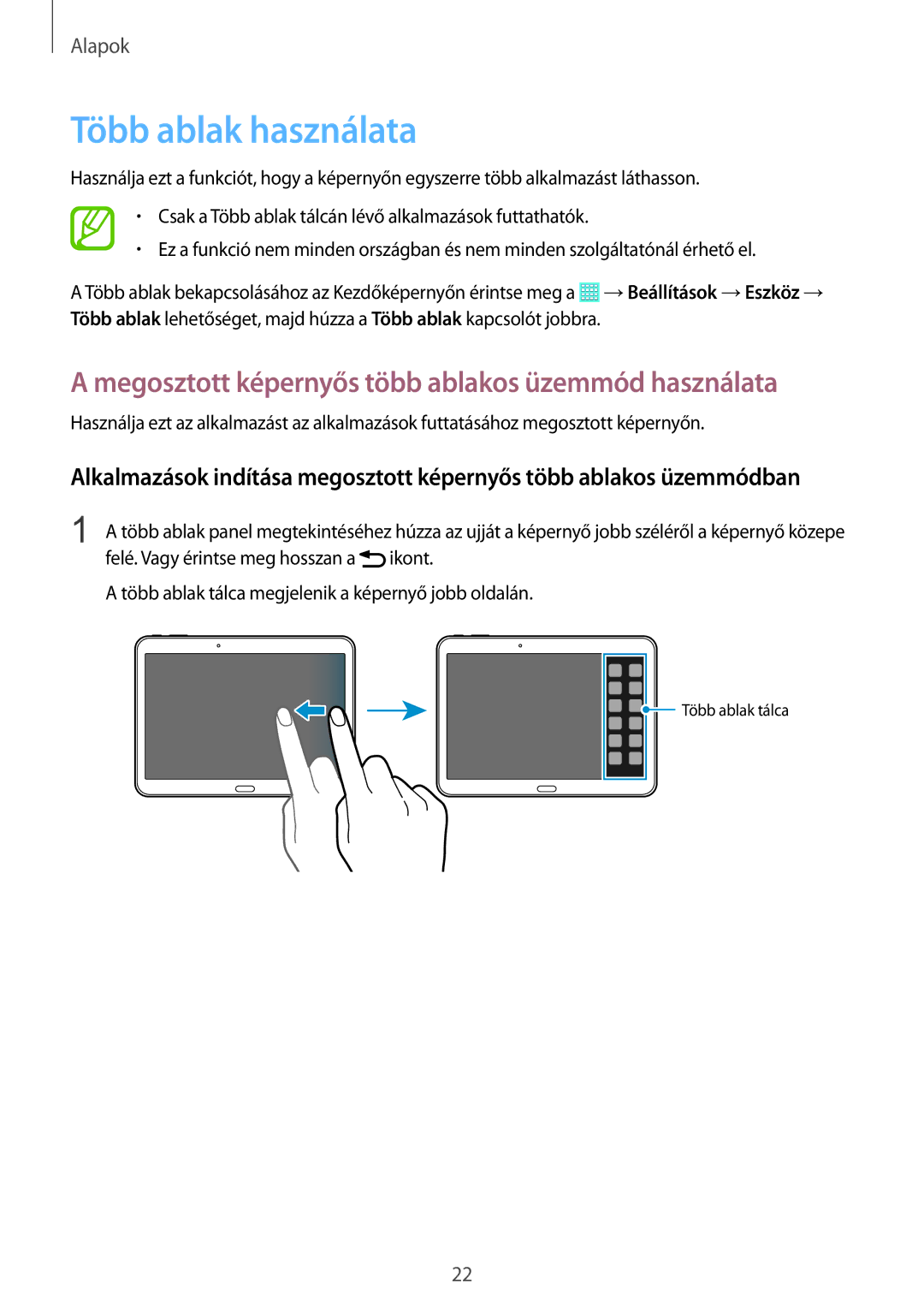 Samsung SM-T530NZWAXEH manual Több ablak használata, Megosztott képernyős több ablakos üzemmód használata 