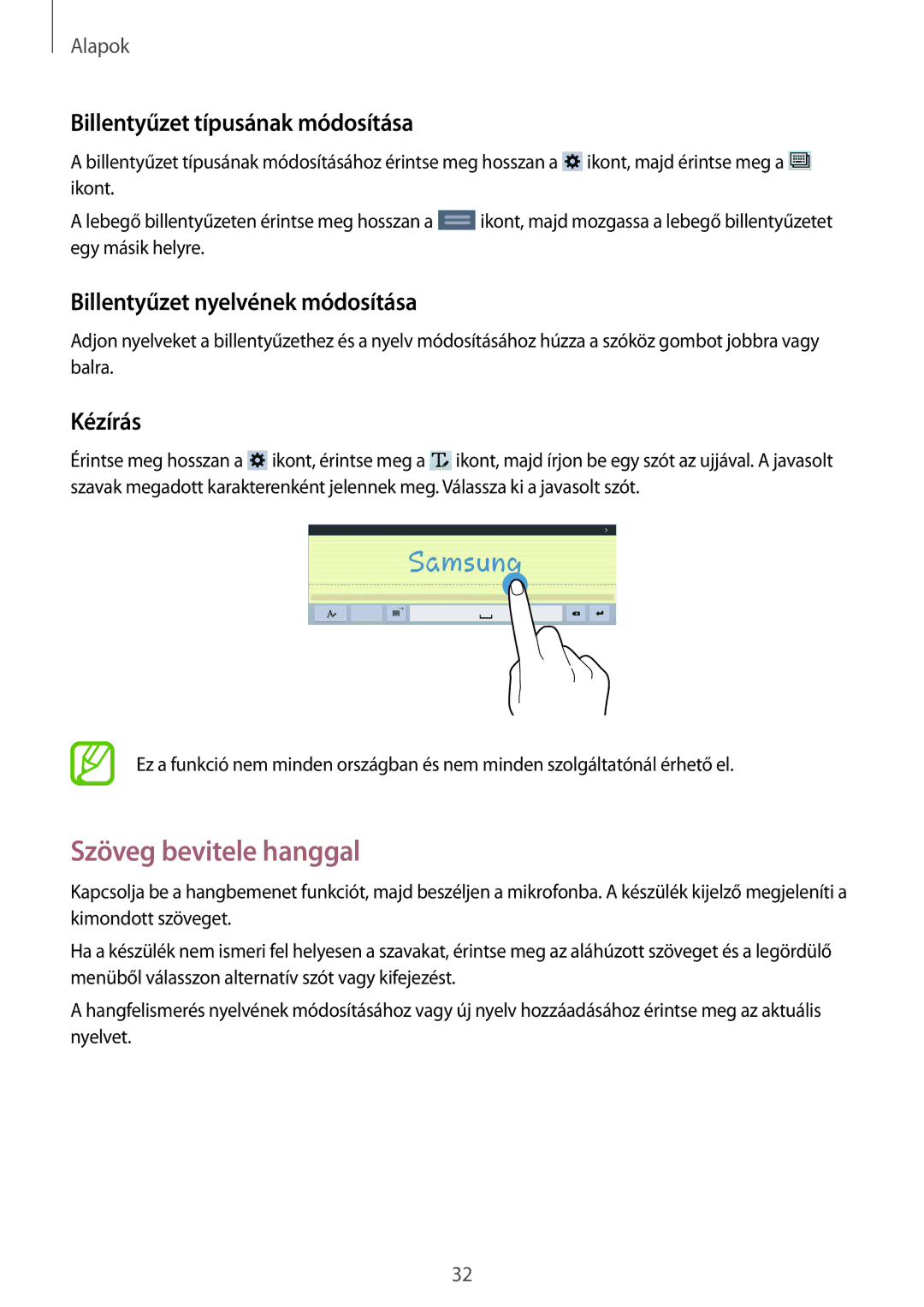 Samsung SM-T530NZWAXEH manual Szöveg bevitele hanggal, Billentyűzet típusának módosítása, Billentyűzet nyelvének módosítása 