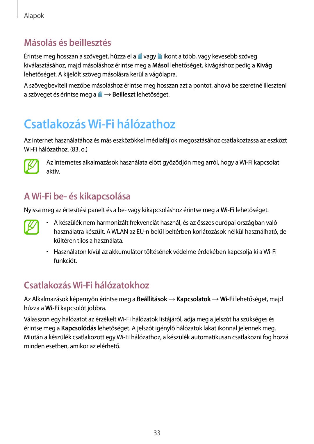 Samsung SM-T530NZWAXEH manual Csatlakozás Wi-Fi hálózathoz, Másolás és beillesztés, Wi-Fi be- és kikapcsolása 