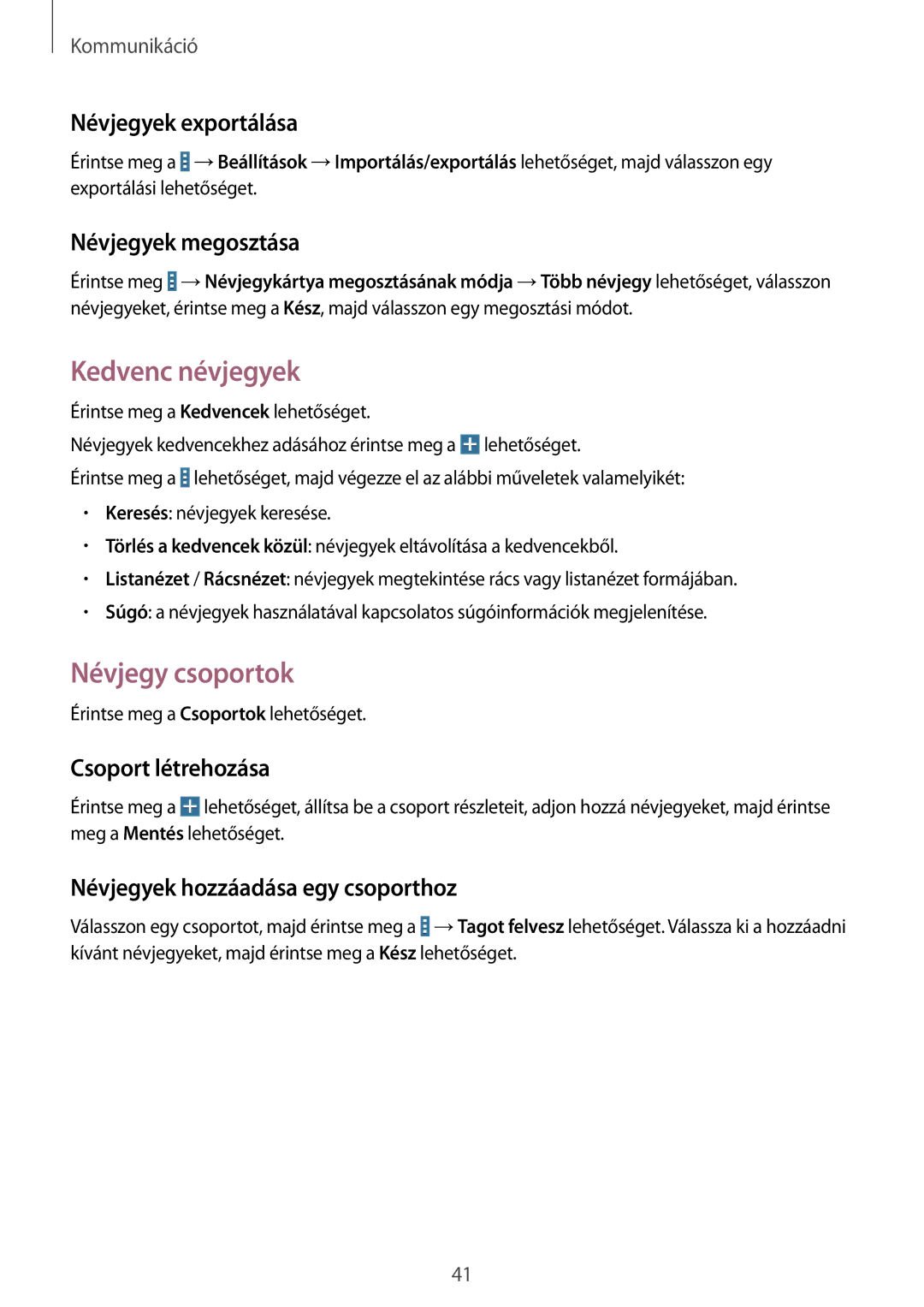 Samsung SM-T530NZWAXEH manual Kedvenc névjegyek, Névjegy csoportok 