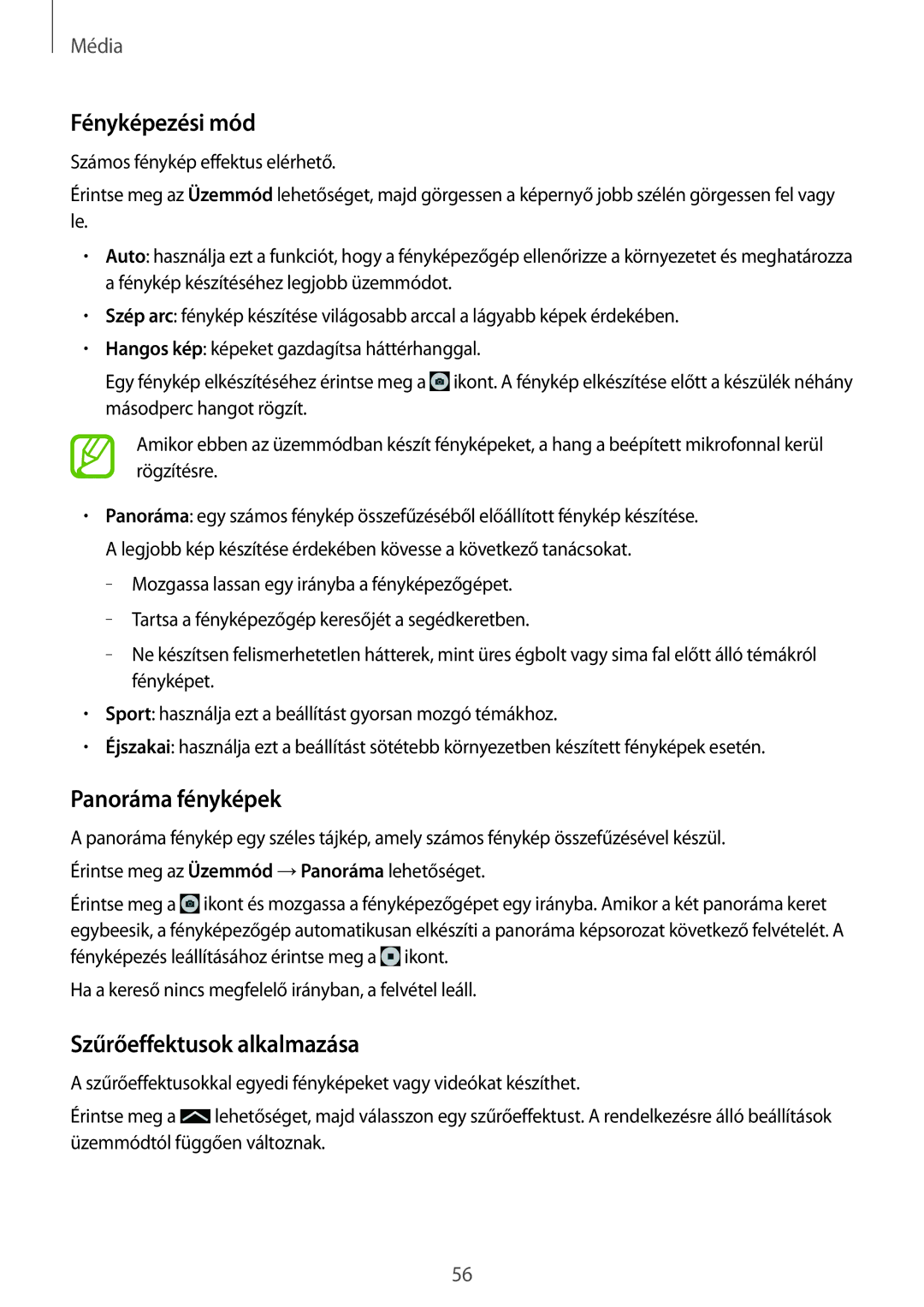 Samsung SM-T530NZWAXEH manual Fényképezési mód, Panoráma fényképek, Szűrőeffektusok alkalmazása 