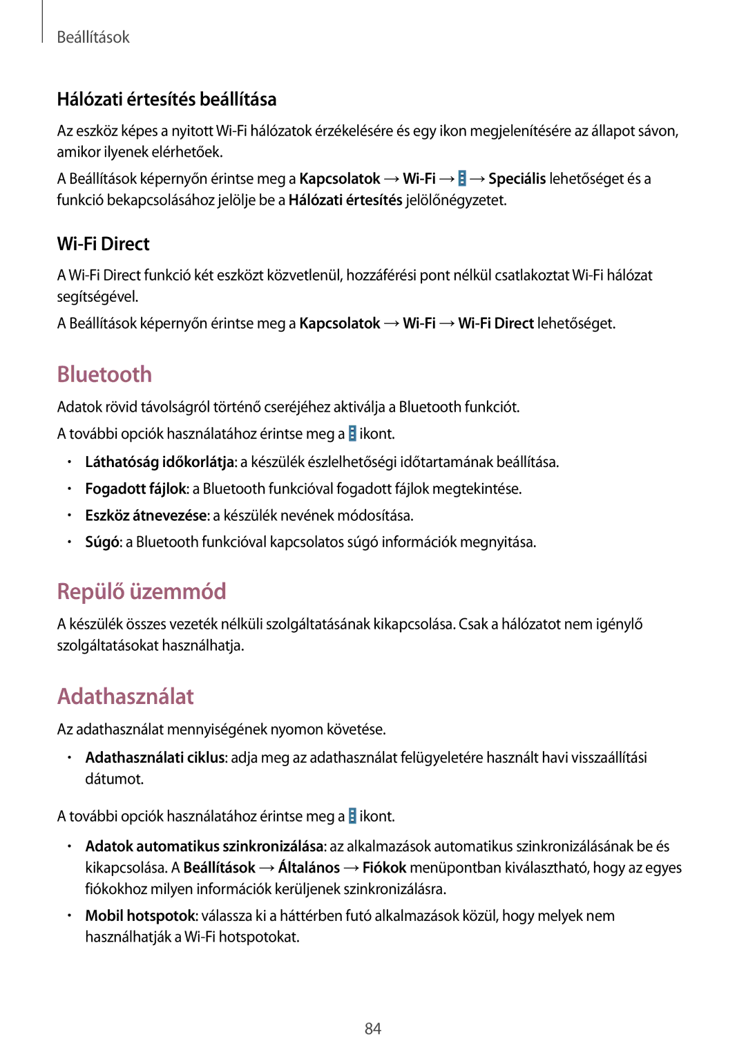 Samsung SM-T530NZWAXEH manual Bluetooth, Repülő üzemmód, Adathasználat, Hálózati értesítés beállítása, Wi-Fi Direct 