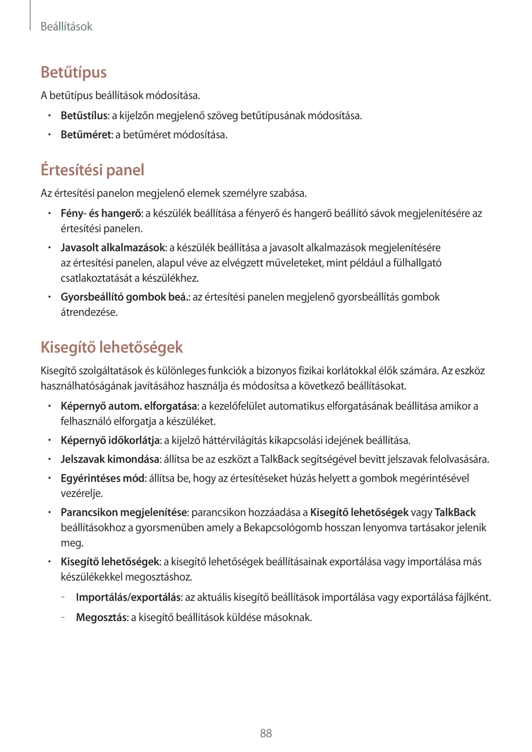 Samsung SM-T530NZWAXEH manual Betűtípus, Értesítési panel, Kisegítő lehetőségek 