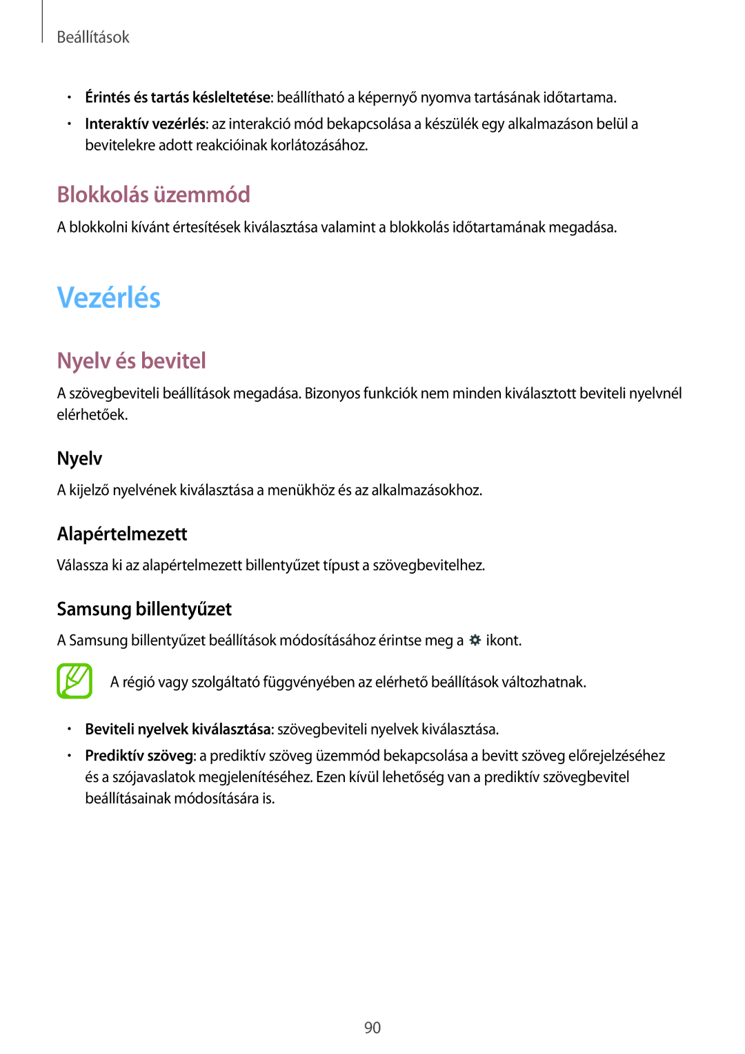 Samsung SM-T530NZWAXEH manual Vezérlés, Blokkolás üzemmód, Nyelv és bevitel 