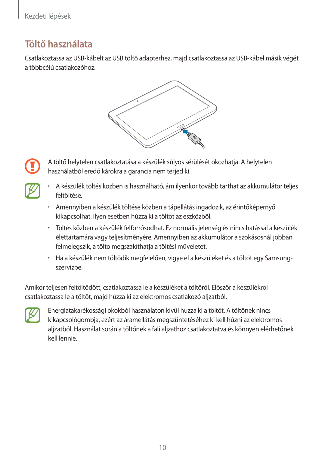 Samsung SM-T530NZWAXEH manual Töltő használata 