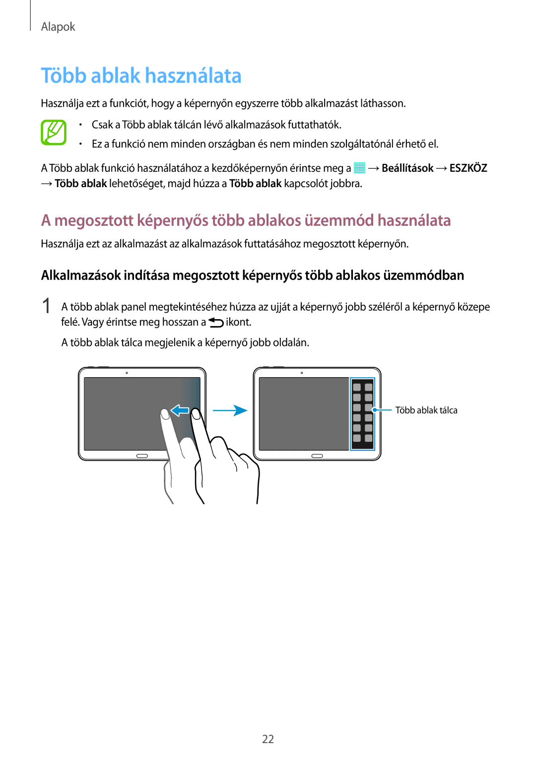 Samsung SM-T530NZWAXEH manual Több ablak használata, Megosztott képernyős több ablakos üzemmód használata 