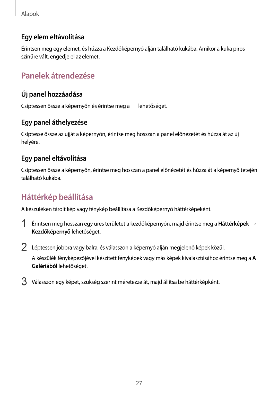 Samsung SM-T530NZWAXEH manual Panelek átrendezése, Háttérkép beállítása 