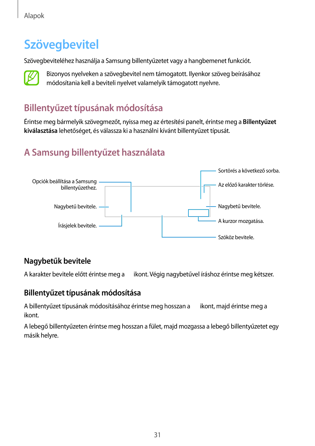 Samsung SM-T530NZWAXEH manual Szövegbevitel, Billentyűzet típusának módosítása, Samsung billentyűzet használata 