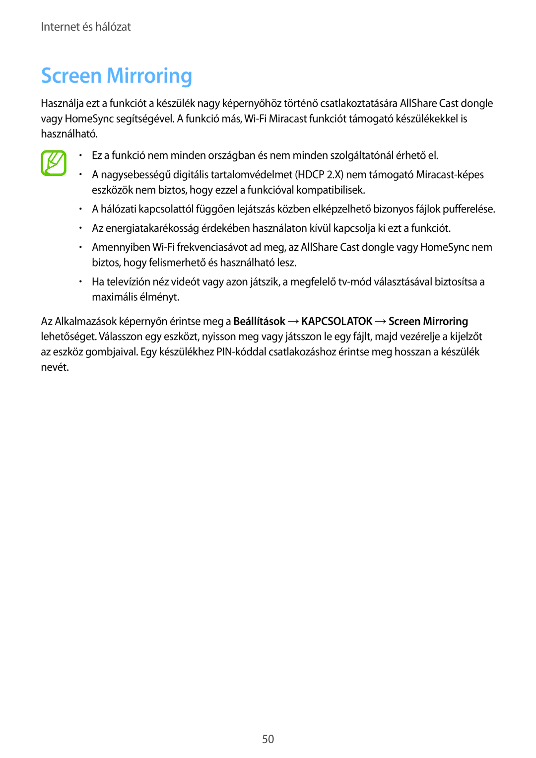 Samsung SM-T530NZWAXEH manual Screen Mirroring 