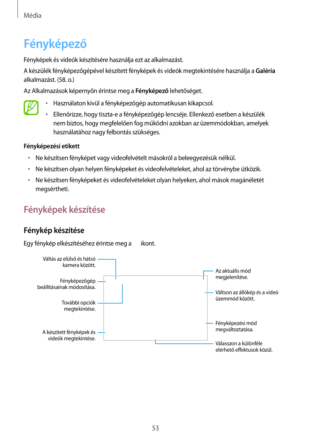 Samsung SM-T530NZWAXEH manual Fényképező, Fényképek készítése, Fénykép készítése 