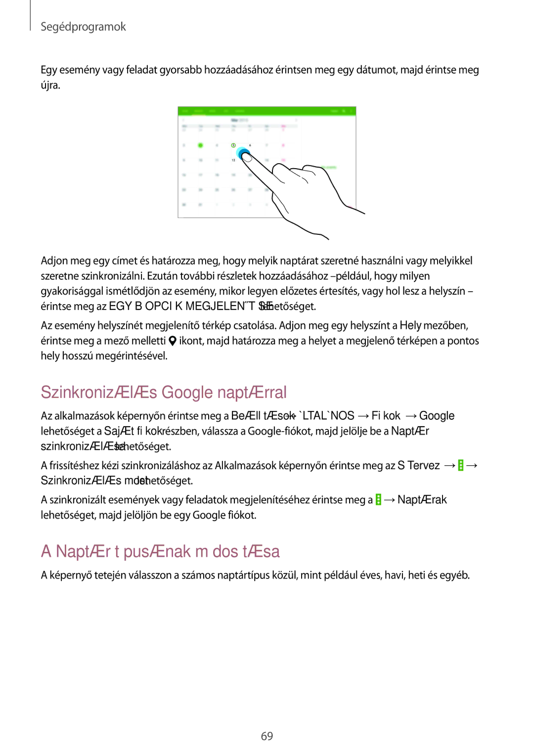 Samsung SM-T530NZWAXEH manual Szinkronizálás Google naptárral, Naptár típusának módosítása 