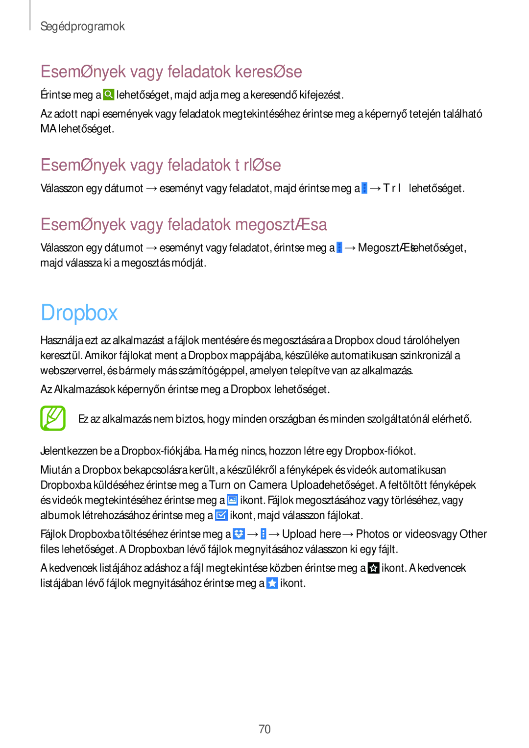 Samsung SM-T530NZWAXEH manual Dropbox, Események vagy feladatok keresése, Események vagy feladatok törlése 