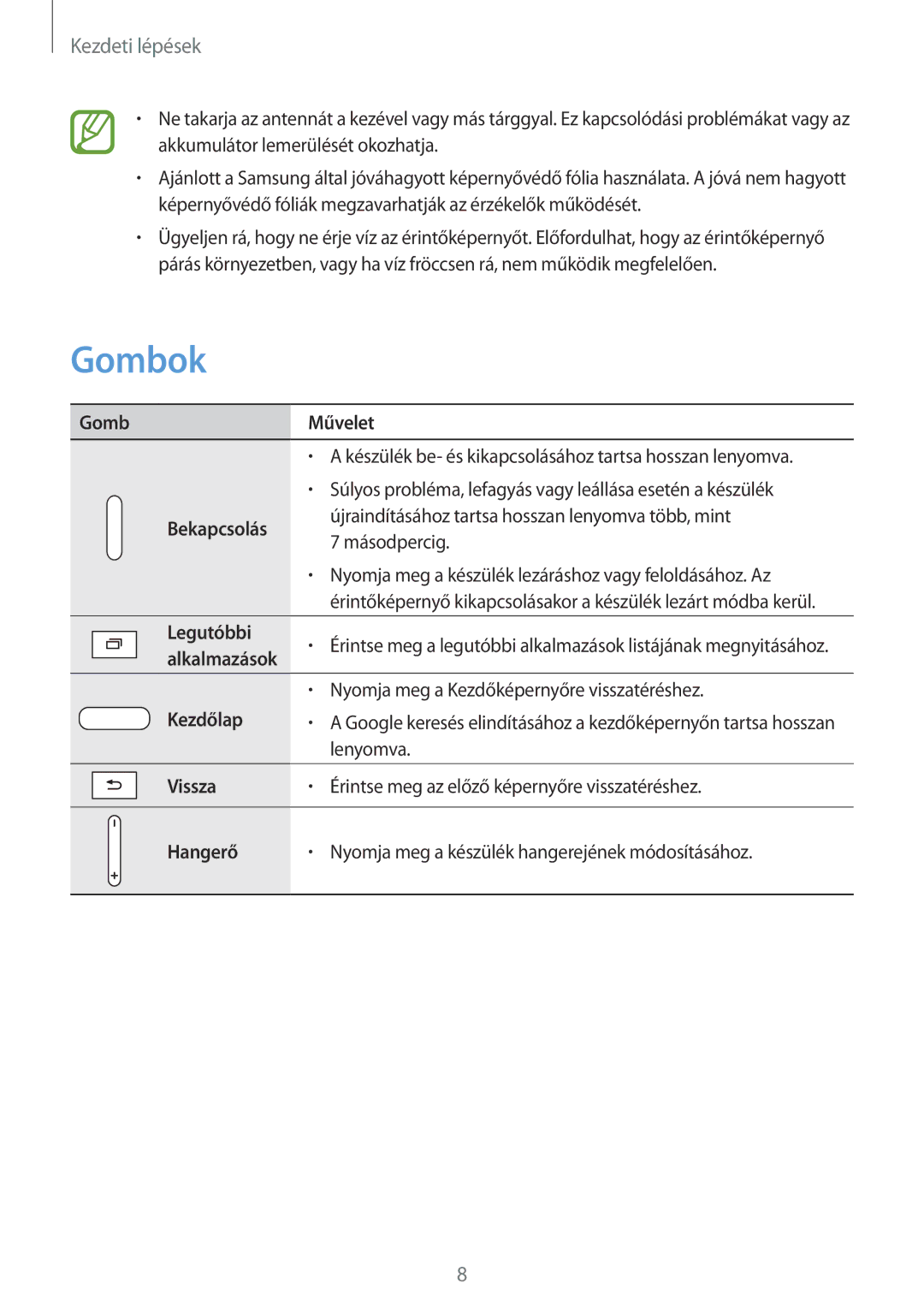 Samsung SM-T530NZWAXEH manual Gombok, Kezdeti lépések 