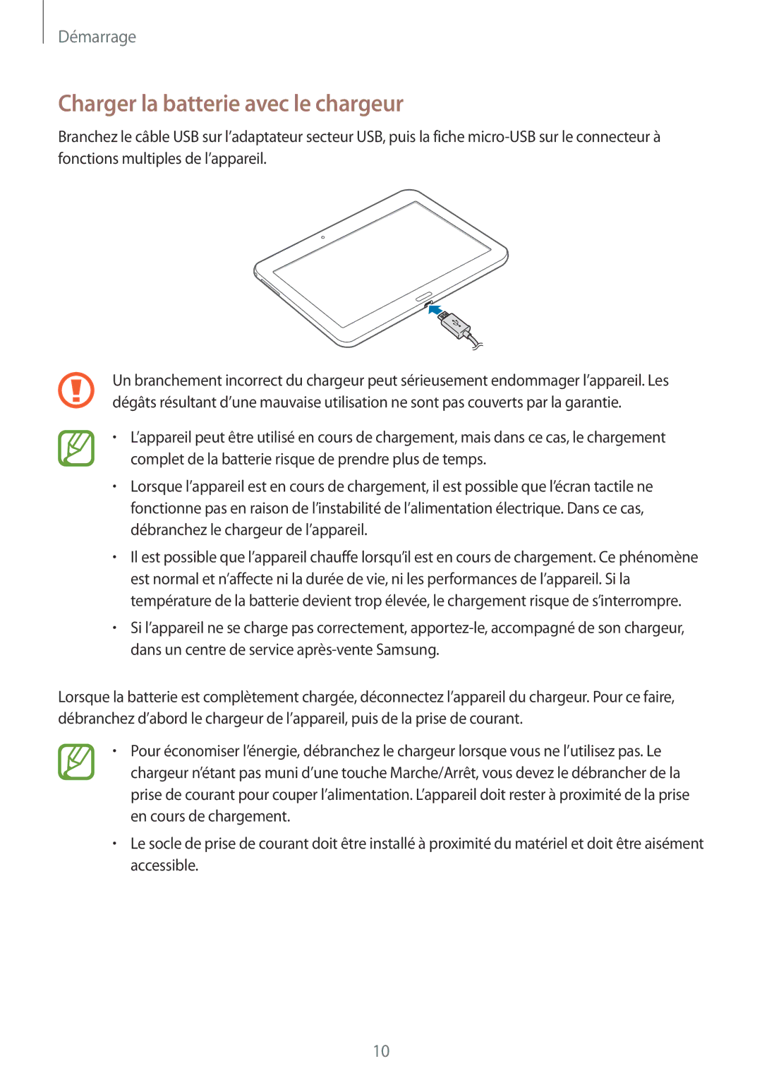 Samsung SM-T530NZWAXEF, SM-T530NZWEXEF, SM-T530NYKAXEF manual Charger la batterie avec le chargeur 