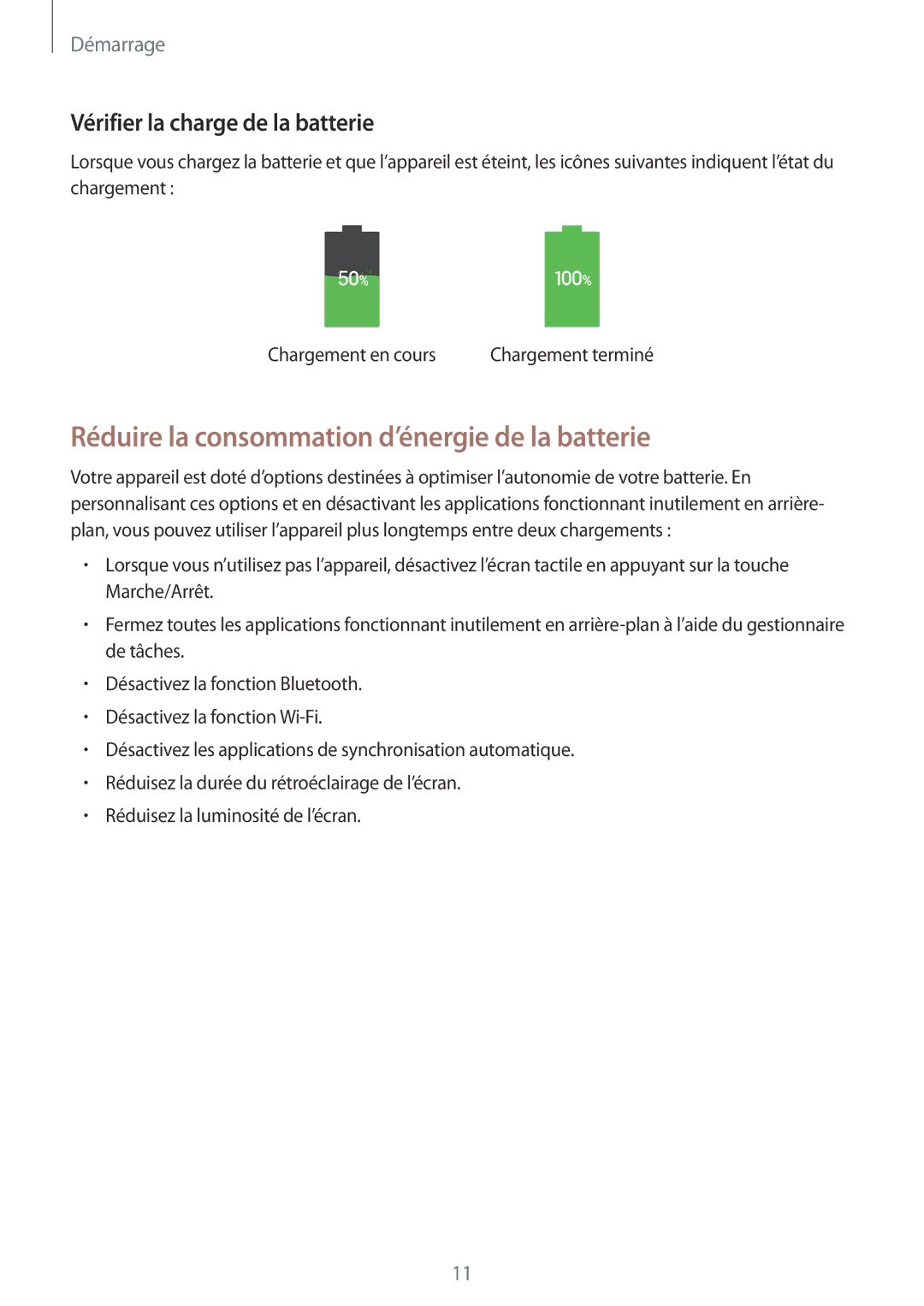 Samsung SM-T530NYKAXEF, SM-T530NZWEXEF Réduire la consommation d’énergie de la batterie, Vérifier la charge de la batterie 