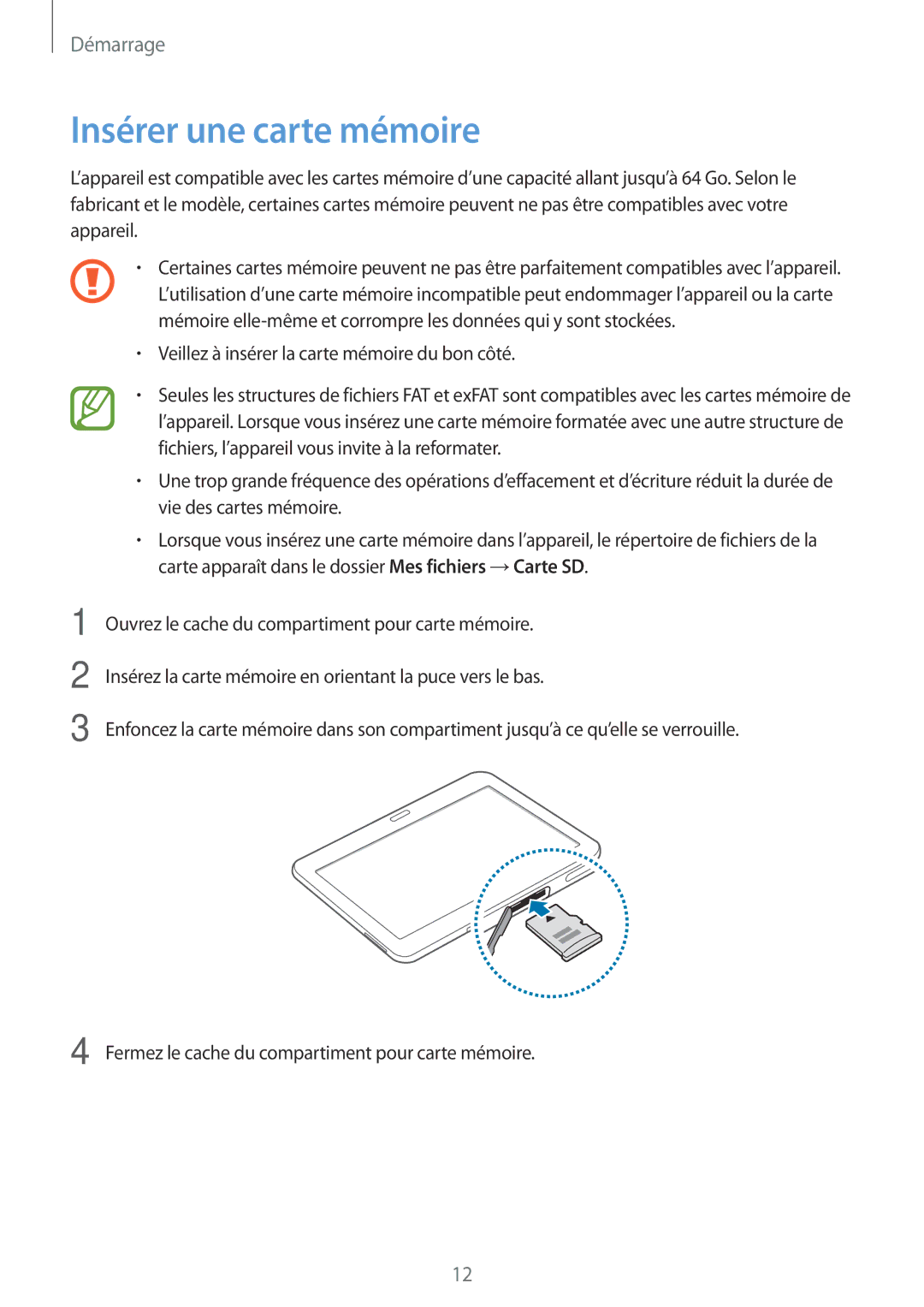 Samsung SM-T530NZWEXEF, SM-T530NZWAXEF, SM-T530NYKAXEF manual Insérer une carte mémoire 