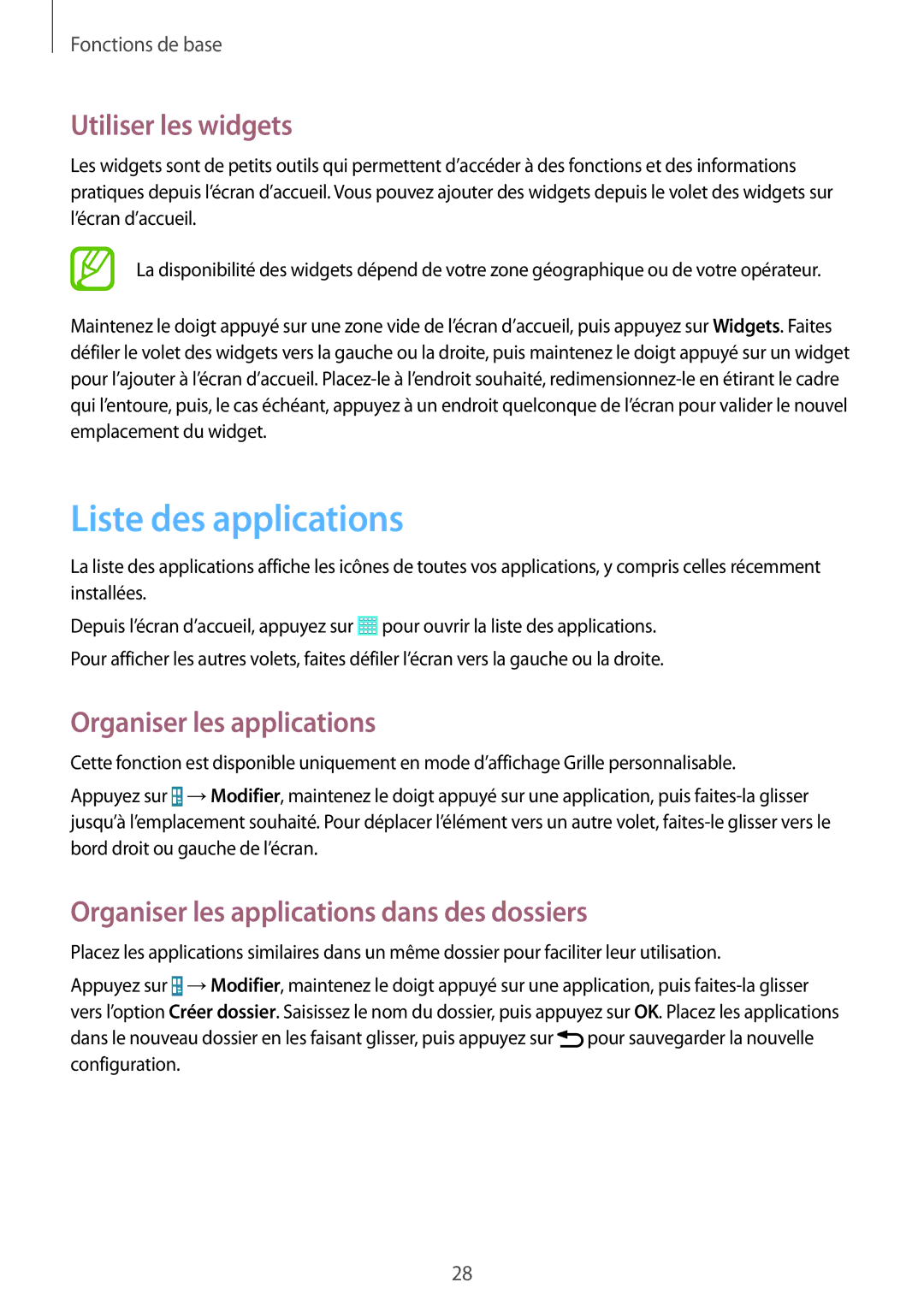 Samsung SM-T530NZWAXEF, SM-T530NZWEXEF manual Liste des applications, Utiliser les widgets, Organiser les applications 