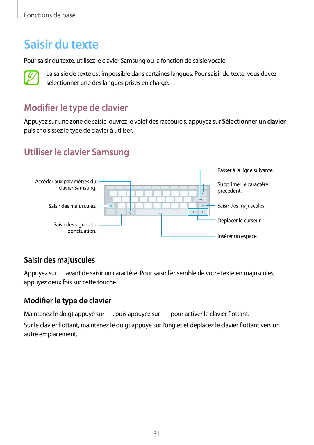 Samsung SM-T530NZWAXEF Saisir du texte, Modifier le type de clavier, Utiliser le clavier Samsung, Saisir des majuscules 